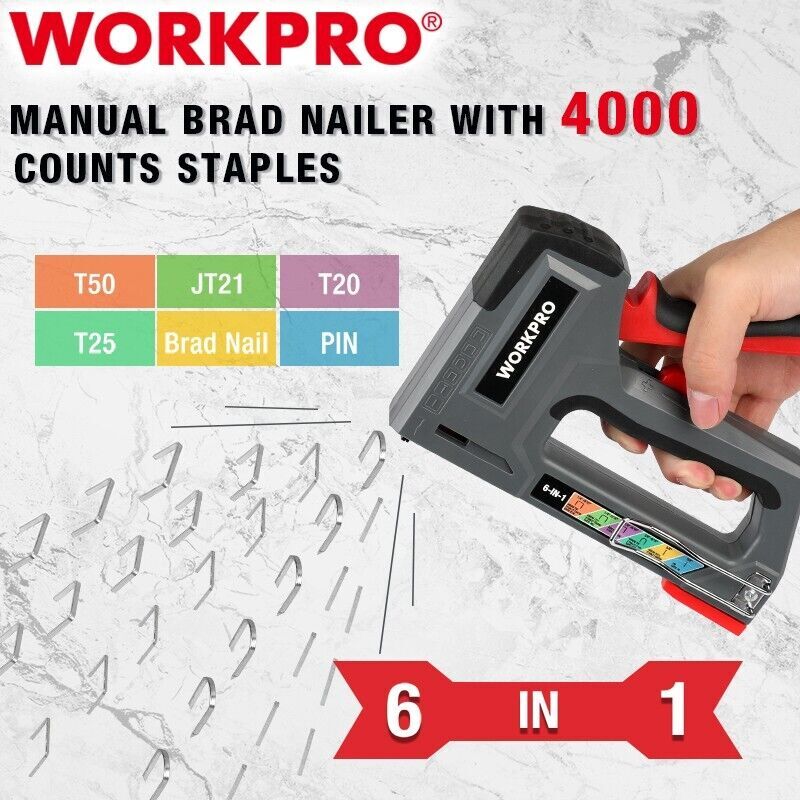 WORKPRO Staple Gun 6-in-1 Manual Brad Nailer w/4000 Counts Staples Stapler Nail