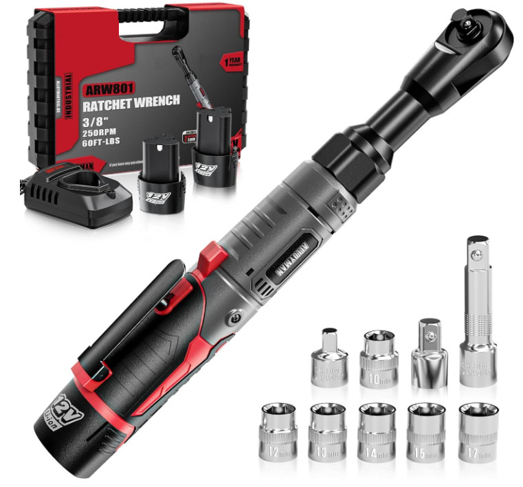 Llave de Carraca Eléctrica 12V 3/8&Prime; 80 N·m con 2 Baterías y Luz LED. Nuevo