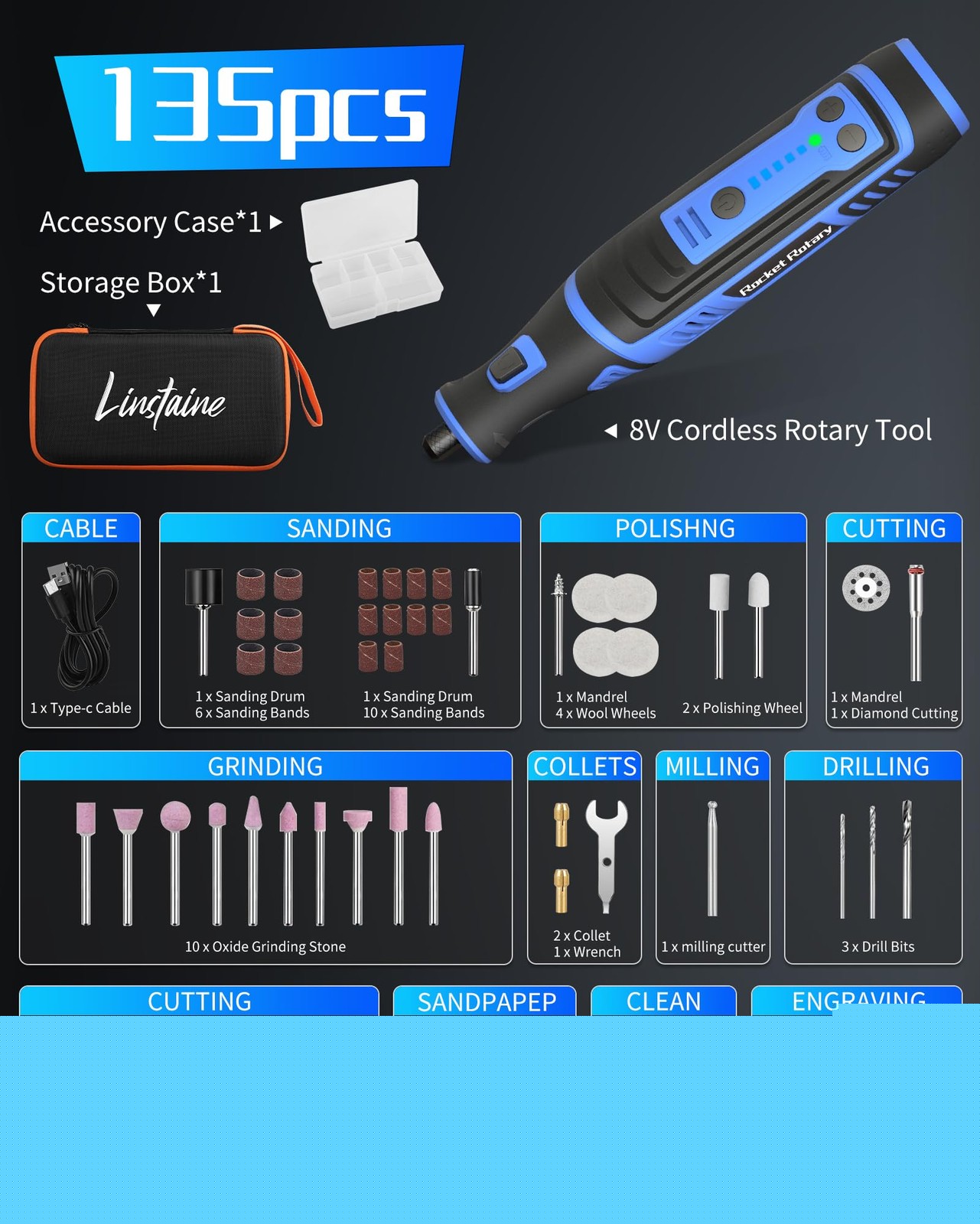 8V Cordless Rotary Tool Kit with 135pcs , 2.8Ah Battery Rechargeable Engravin…