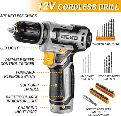 Power Drill Tool Set Kit: Cordless Drill Tool Box with 12V Battery Grey