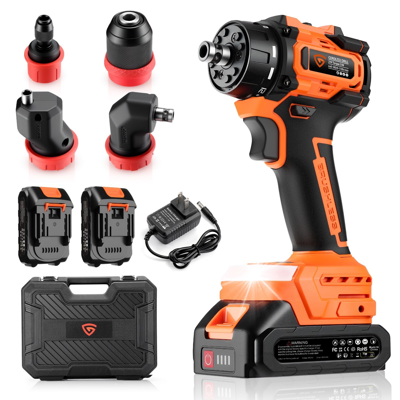 21V Cordless Impact Wrench High Torque 1/2&Prime; Brushless Drill with 2×2.0Ah Battery