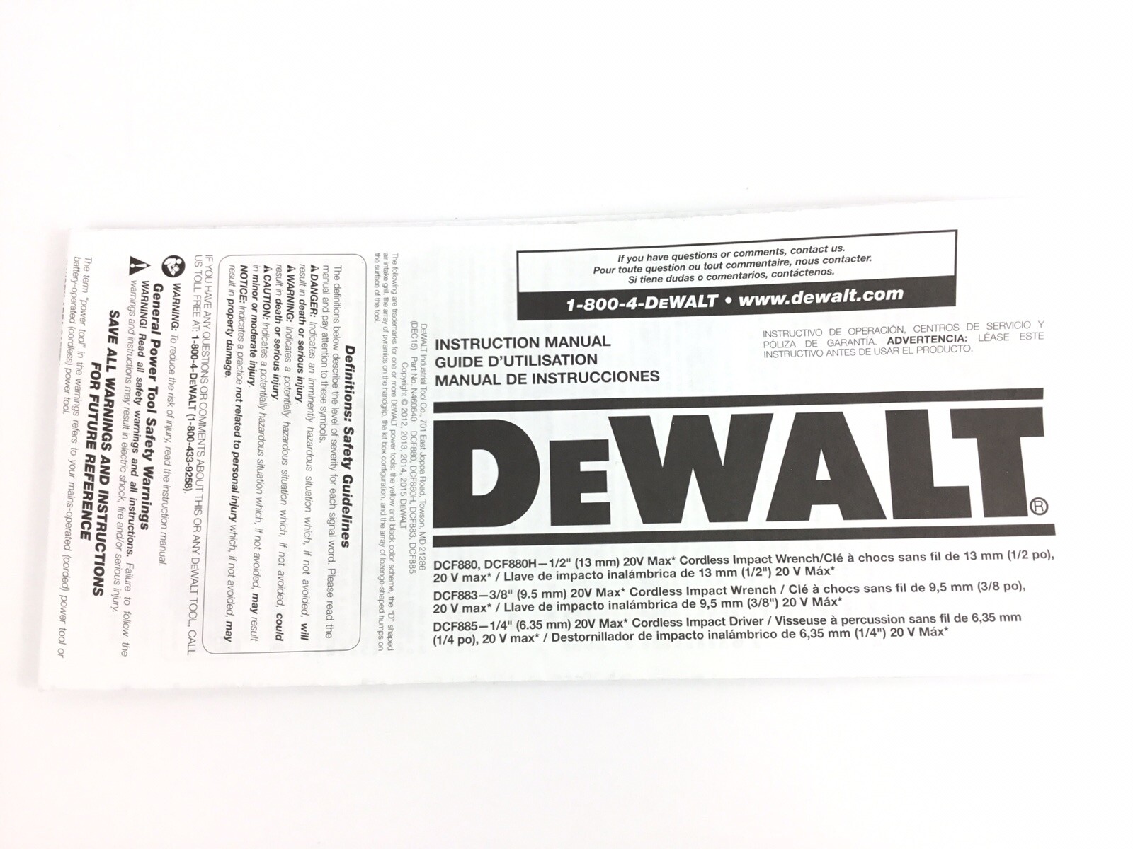 DeWalt DCF880,DCF880H 20v 1/2&Prime; Impact Wrench Paper Instruction Manual Ships Free