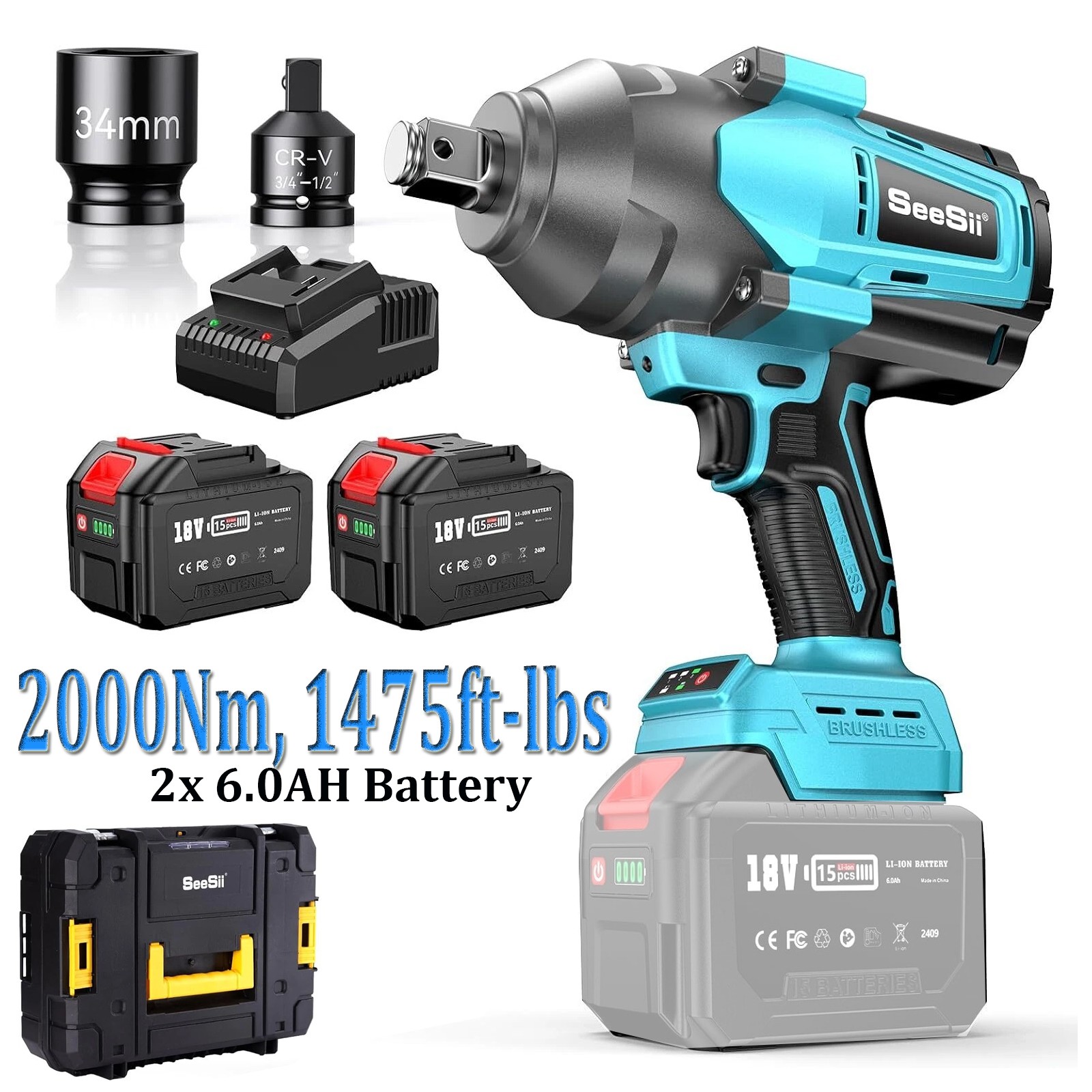 Cordless Electric Impact Wrench 2000N.m 3/4 in 1/2&Prime; Brushless Impact Gun 2×6.0Ah
