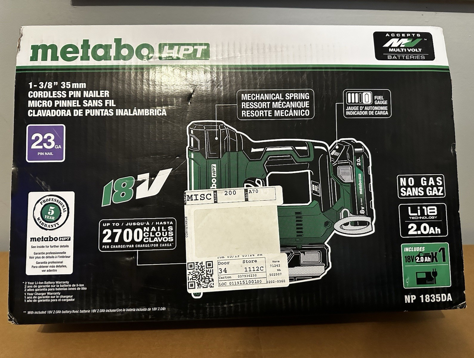 Metabo HPT NP1835DA 18V Cordless 23Ga Pin Nailer 1-3/8in