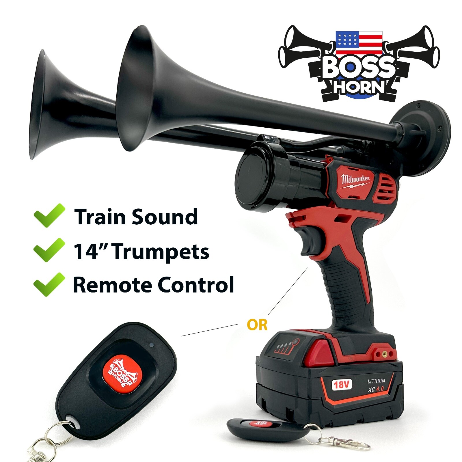Milwaukee Impact Drill M18 Train Horn + Remote Control and 14&Prime; Black Trumpets