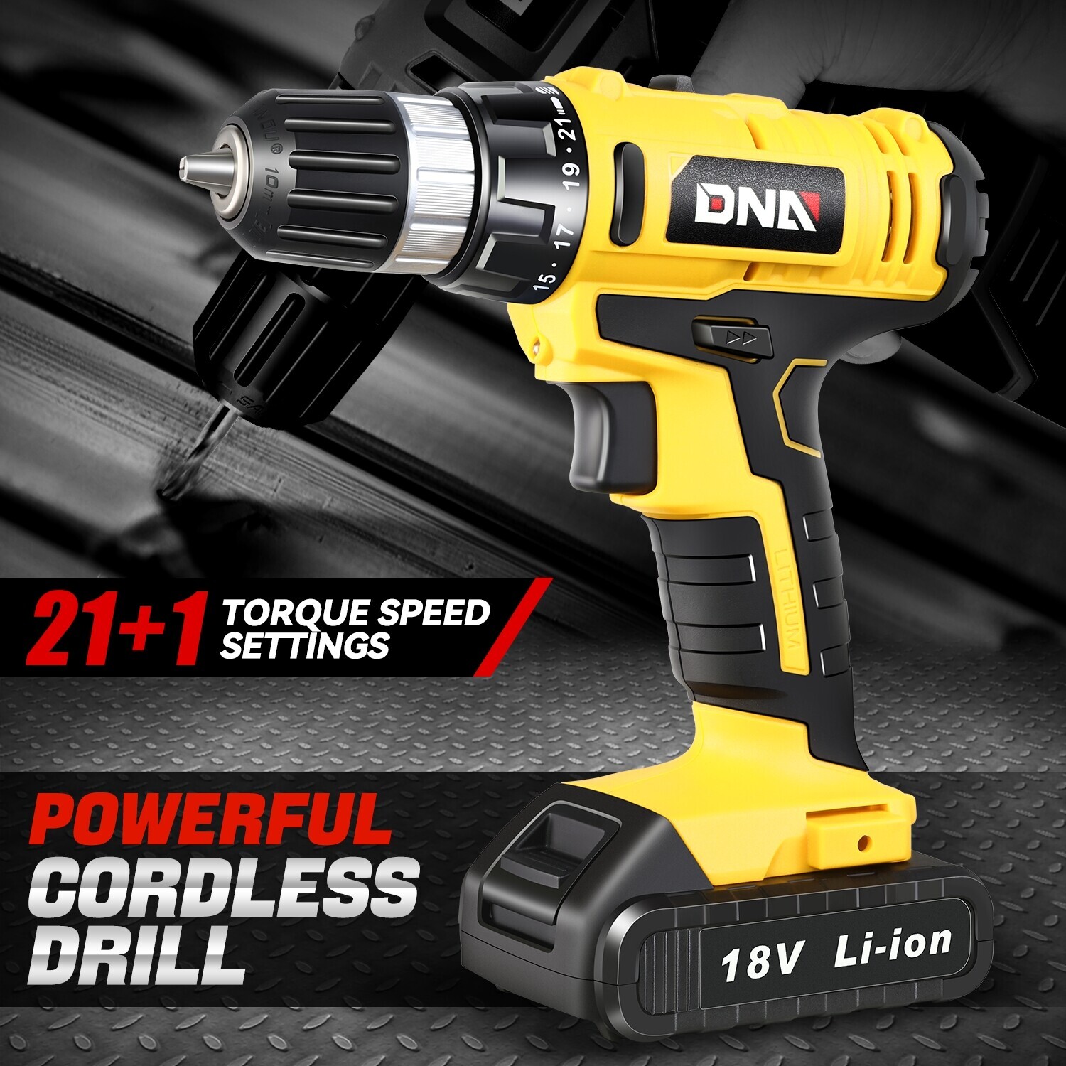 18V 3/8&Prime; 21+1 Torque Setting Cordless Drill Driver w/ Battery Charger Yellow