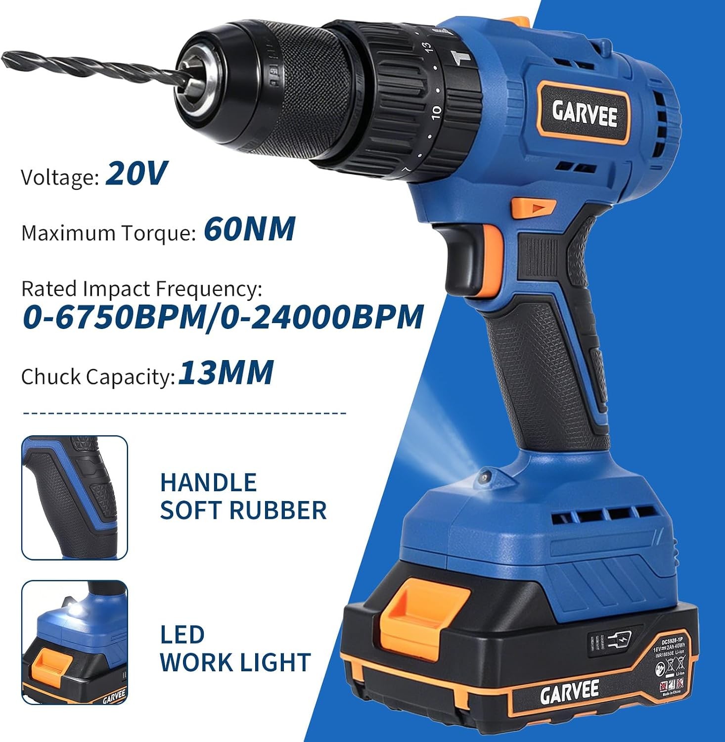 1/2&Prime; Cordless Hammer Drill/Driver Brushless For Brick Wood 18V Battery 2-Speed