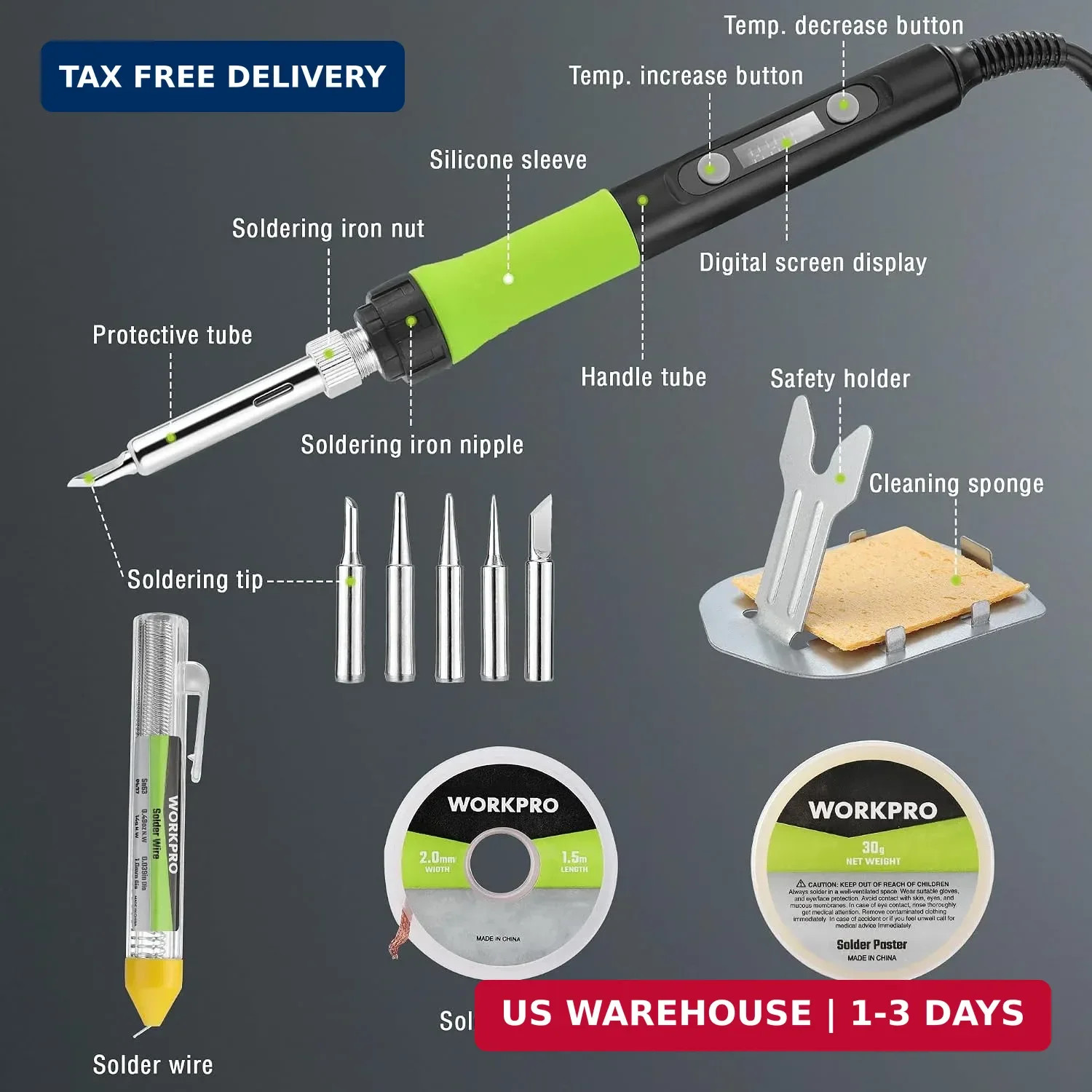 WORKPRO 90W Soldering Iron Kit with Digital Display(110V US Plug,Green) | Cerami