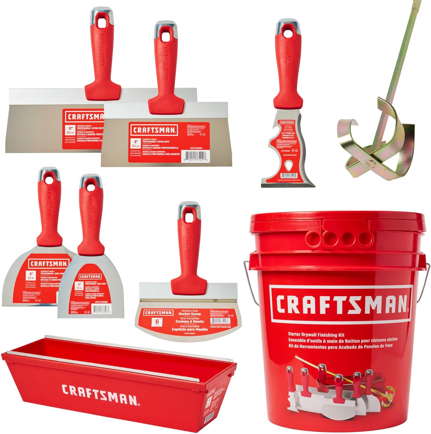 Drywall Hand Tool Kit W/Bucket | 4 & 6-Inch Joint Knives, 8 & 12-Inch Taping Kni