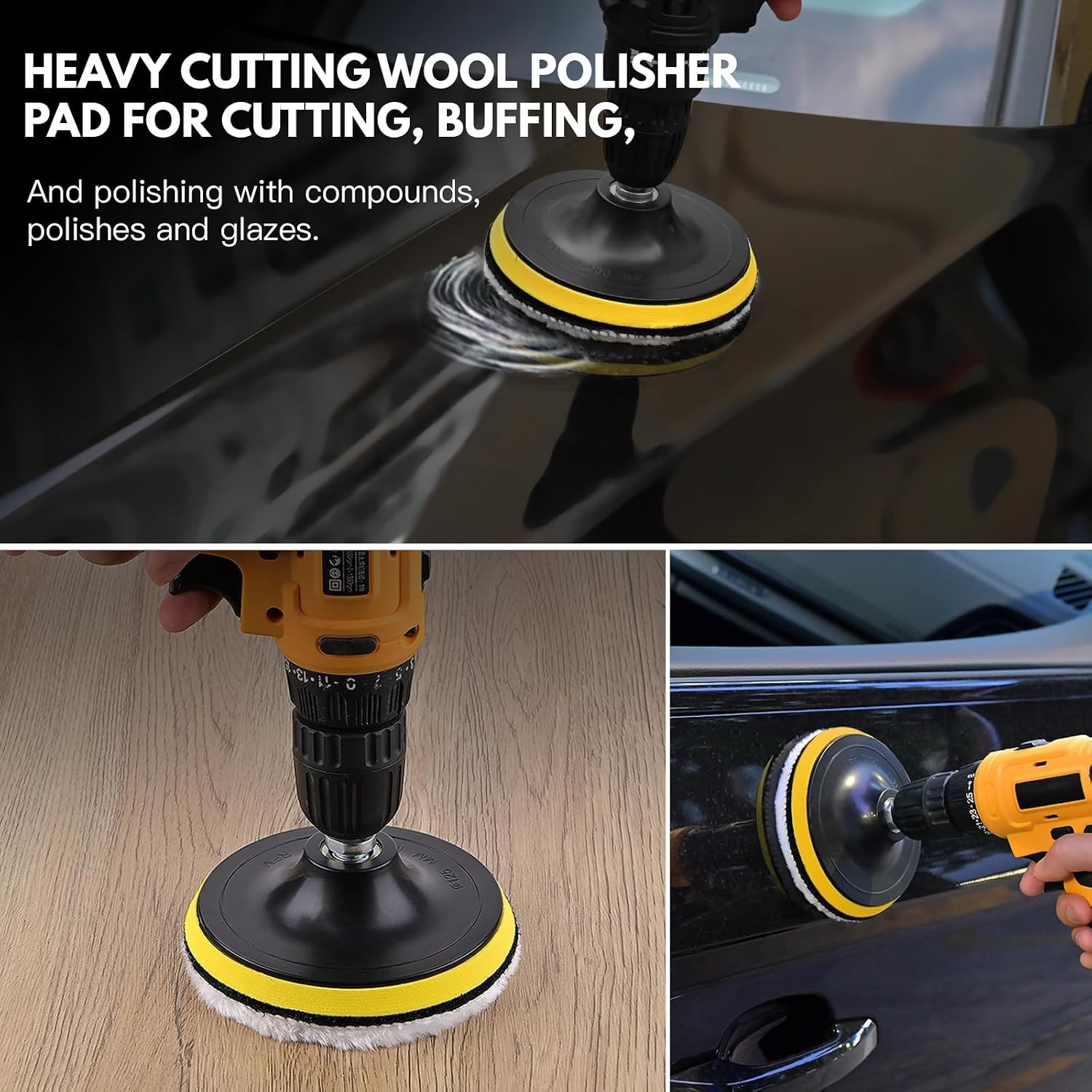 7Pcs 3&Prime; Wool Polishing Buffing Pad Kit Car Buffer Drill Attachment M10 Adapter