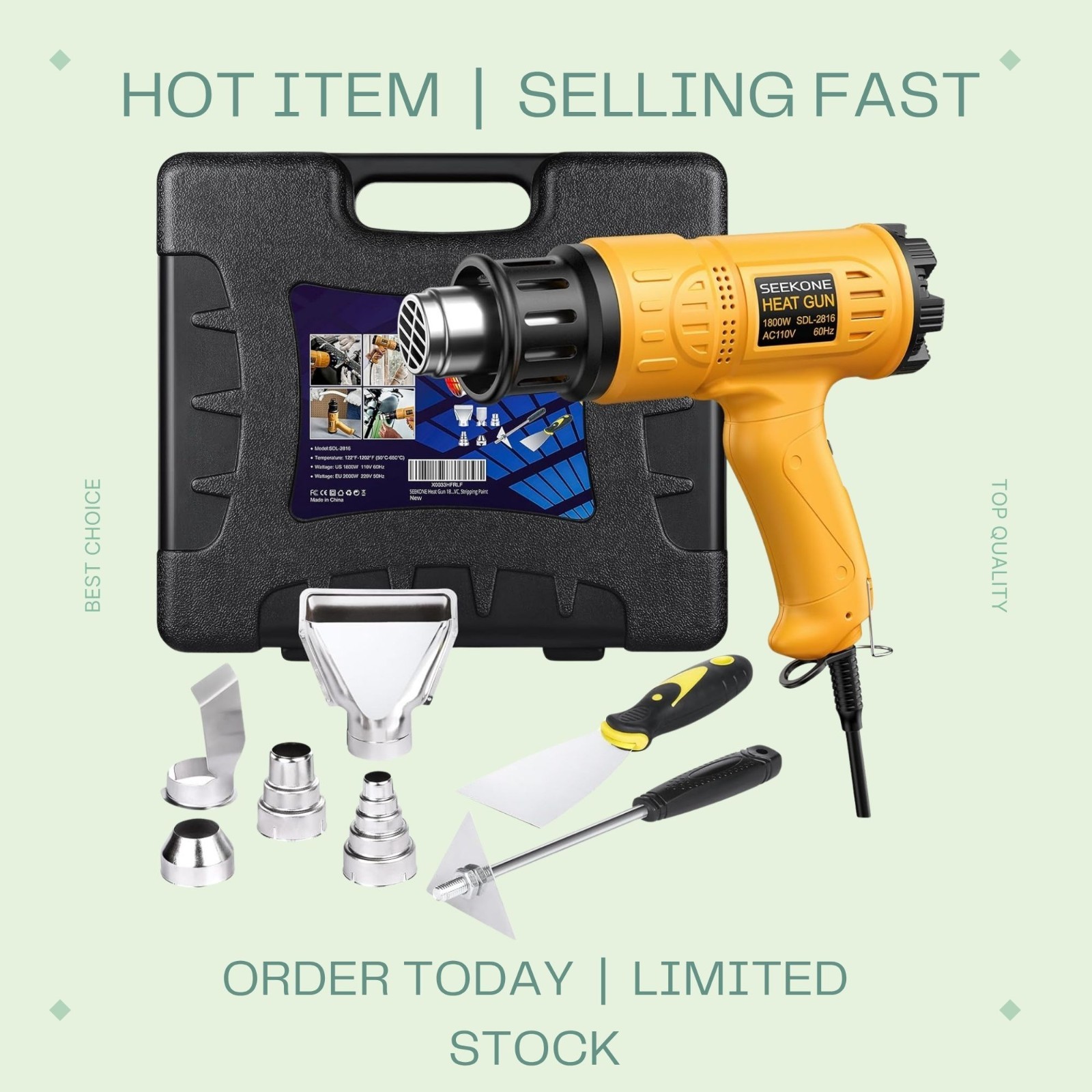 1800W Heavy Duty Heat Gun Kit Variable Temp 122-1112°F with Case & 4 Nozzles