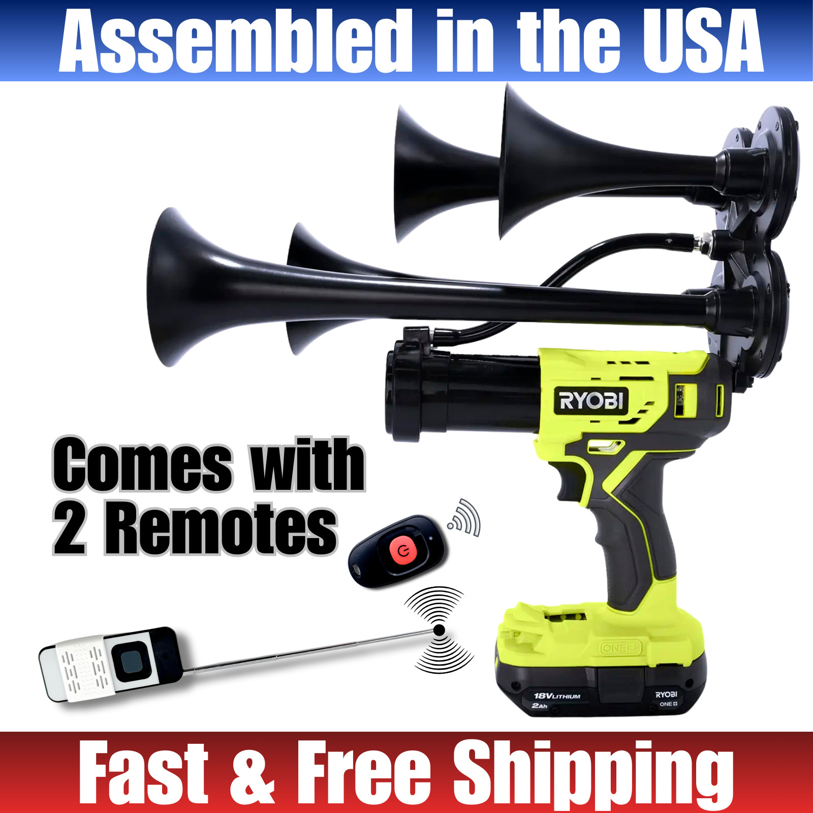 Ryobi 18V Impact Train Horn Quad 4 Trumpet | 2 Remotes | Assembled in USA