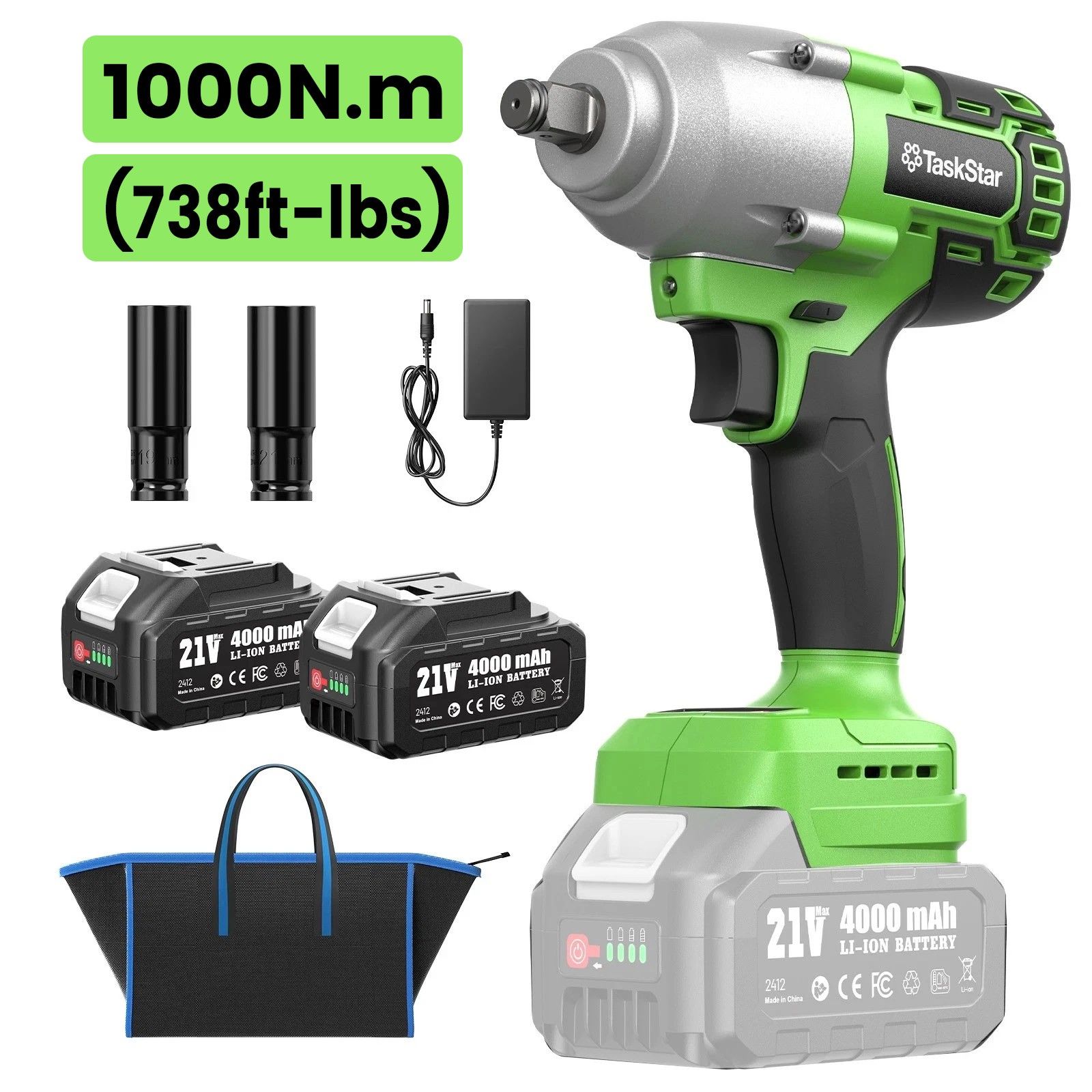 TaskStar Cordless Impact Wrench 1/2&Prime; 1000Nm Brushless 3/8&Prime; 50Nm Ratchet Combo