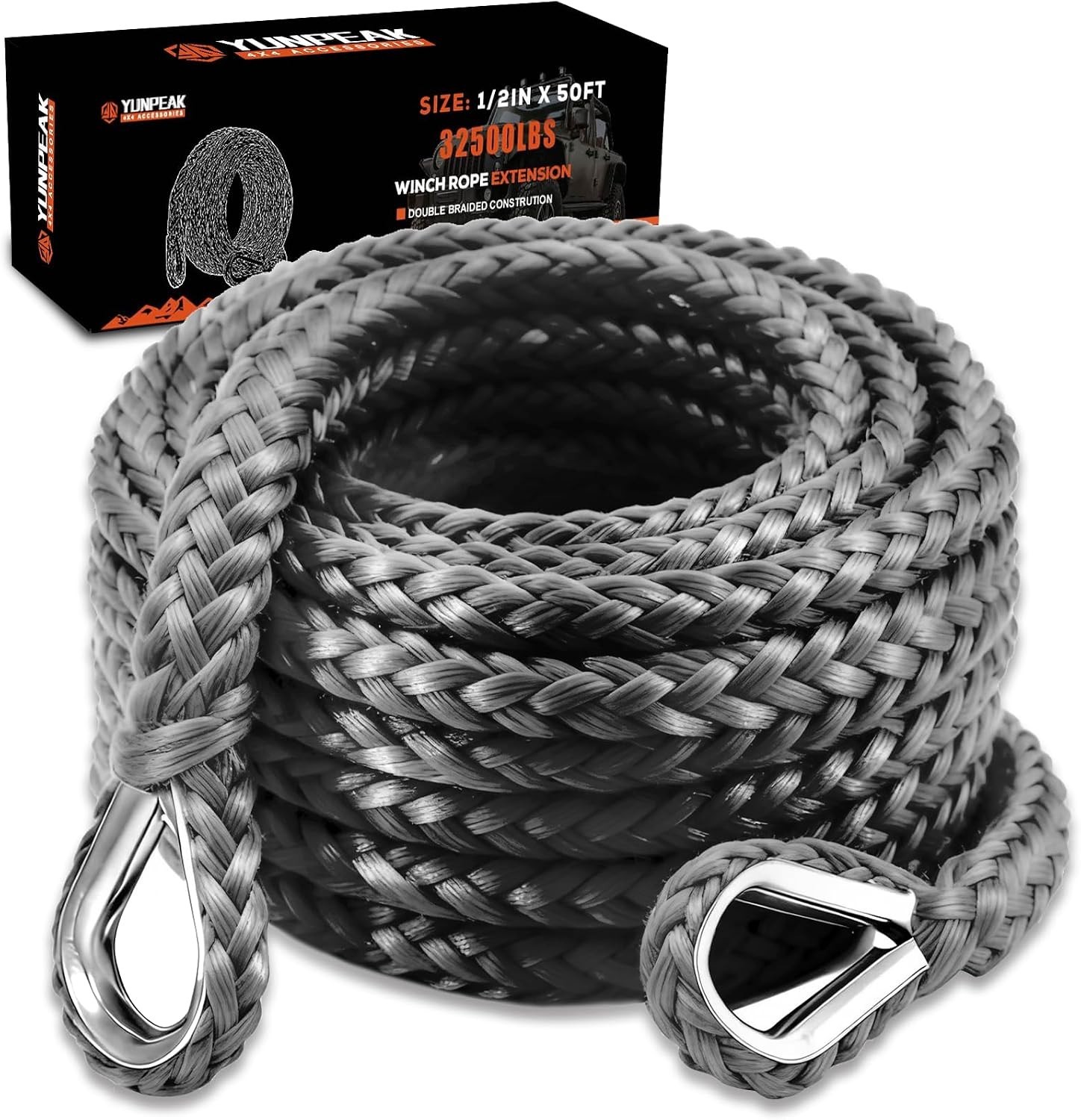 Synthetic Winch Rope Extension 1/2 » x 50ft 32,500Lbs Heavy Duty Winch Rope