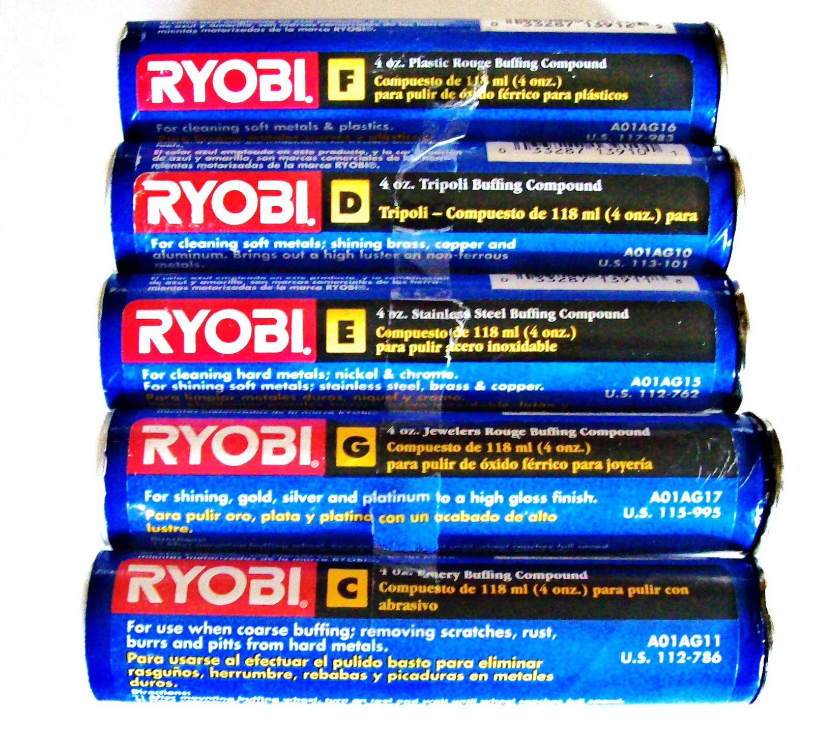 5 TUBES RYOBI BUFFING COMPOUND JEWELERS & PLASTIC ROUGE STAINLESS STEEL EMERY