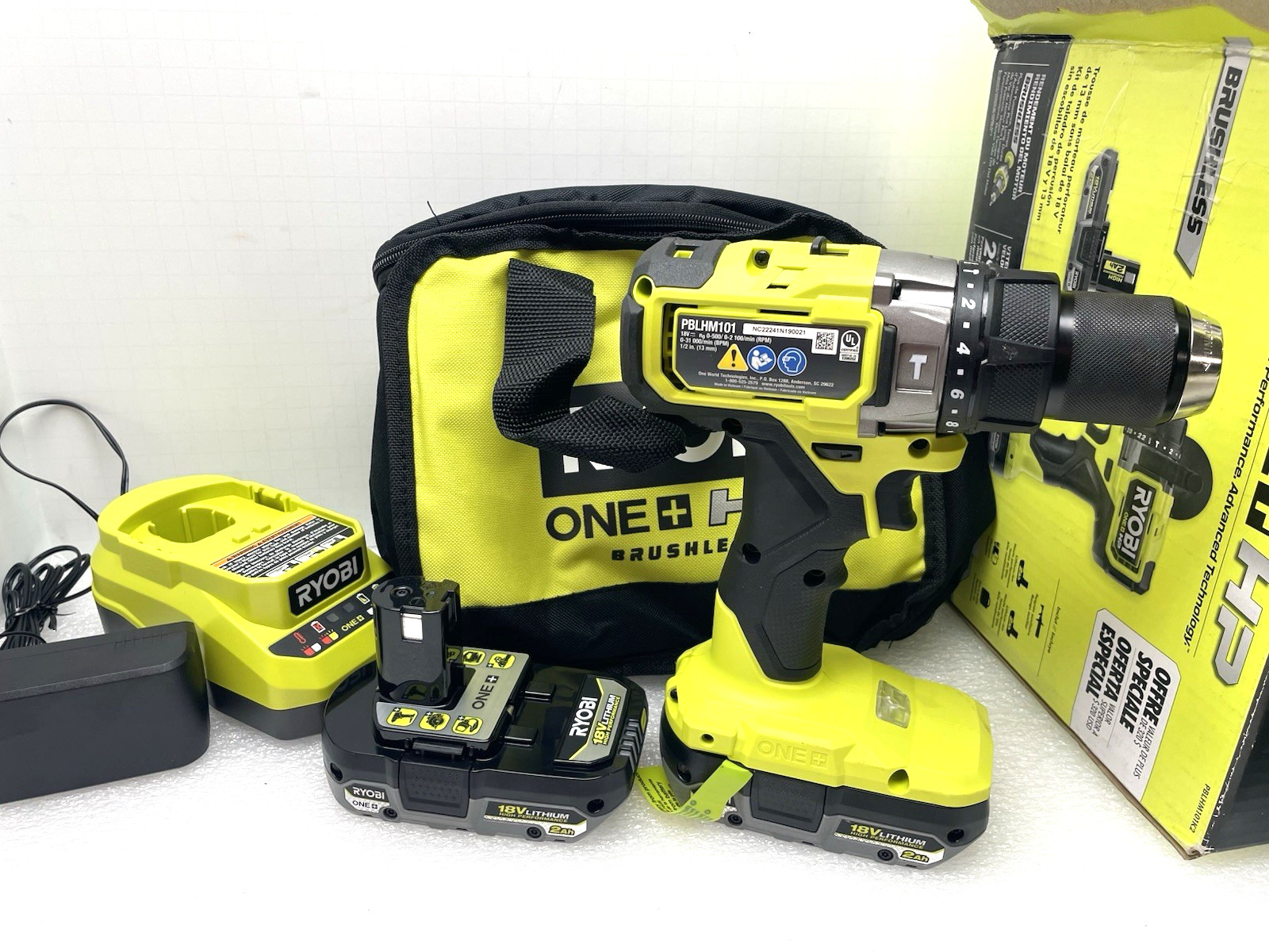 NICE RYOBI 18V HAMMER DRILL KIT 1/2&Prime; w 2 BATTERIES ONE+HP PBLHM101K2 BRUSHLESS