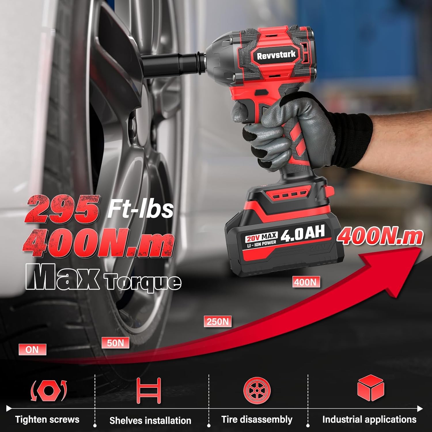 Cordless Impact Wrench 1/2&Prime;,400N·m Torque,20V Brushless,4.0Ah Battery & Charger