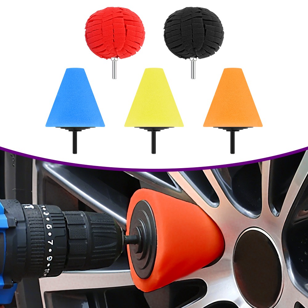 5x Foam Drill Polishing Cone Ball Pads Kit Car Hub Waxing Buffing Wheel Polisher