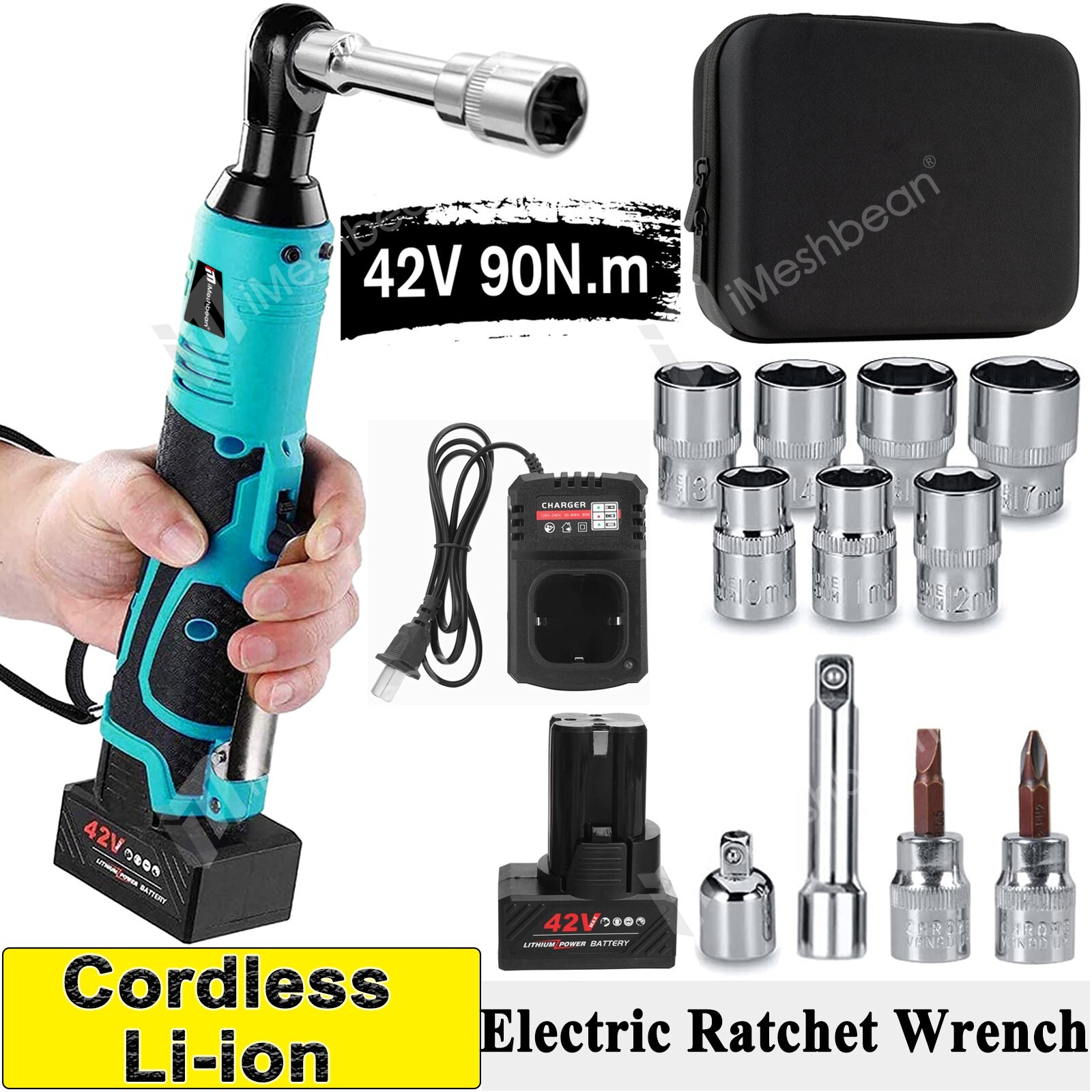 42V 3/8 » Cordless Ratchet Right Angle Wrench Impact Power Tool 2 Battery 90NM