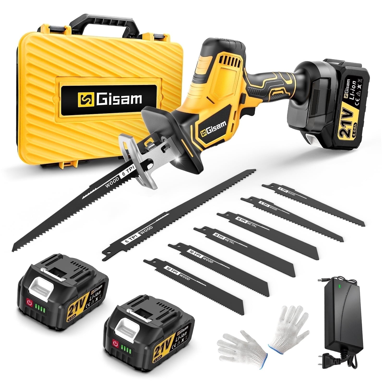 21V Cordless Reciprocating Saw,3500SPM with 2 x 4.0Ah Batteries 8 Saw Blades