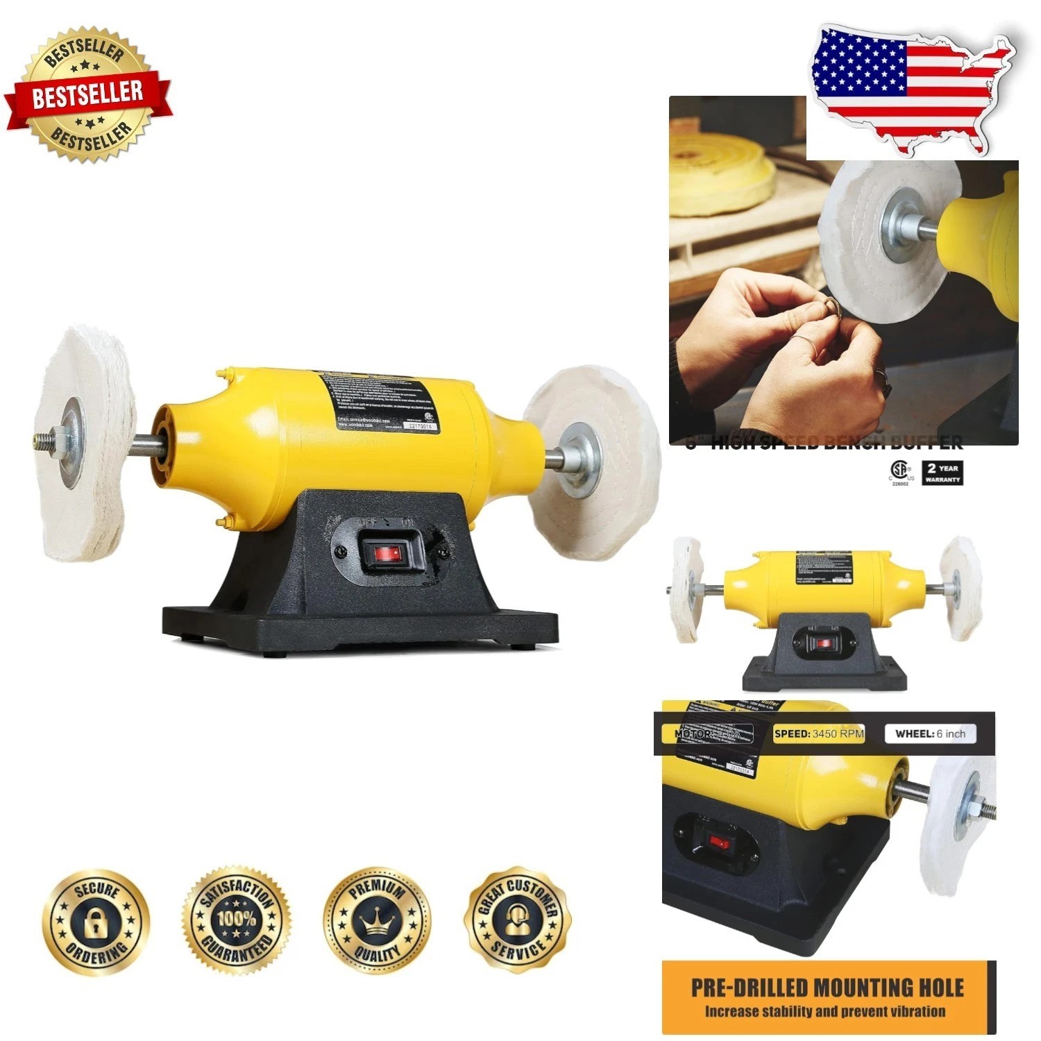Pro 6-Inch Bench Buffer Polisher 1/2HP 3450RPM, Less Vibration, Yellow