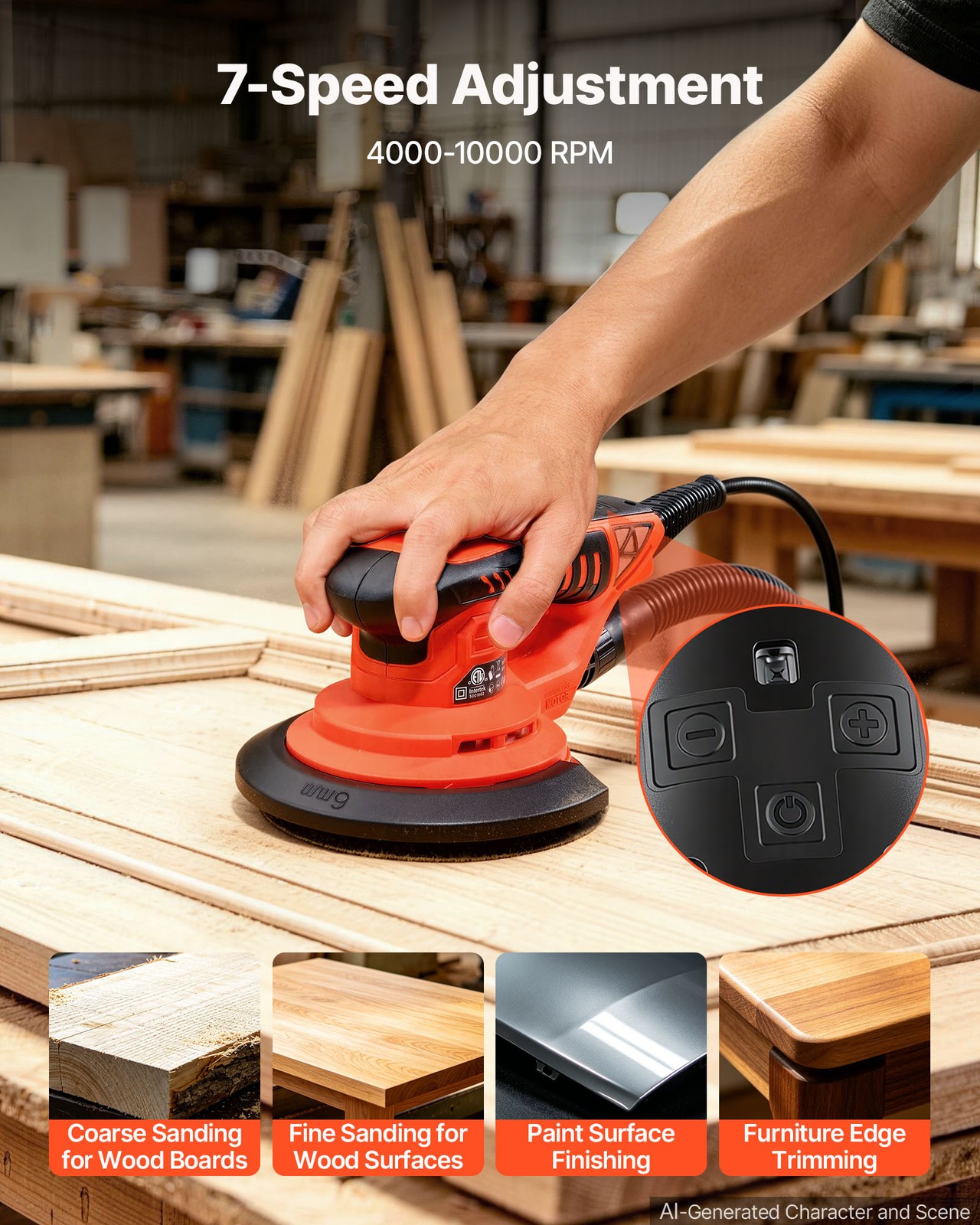 VEVOR 5 & 6-Inch Random Orbital Sander 400W Brushless 4000-10000RPM 7 Speeds
