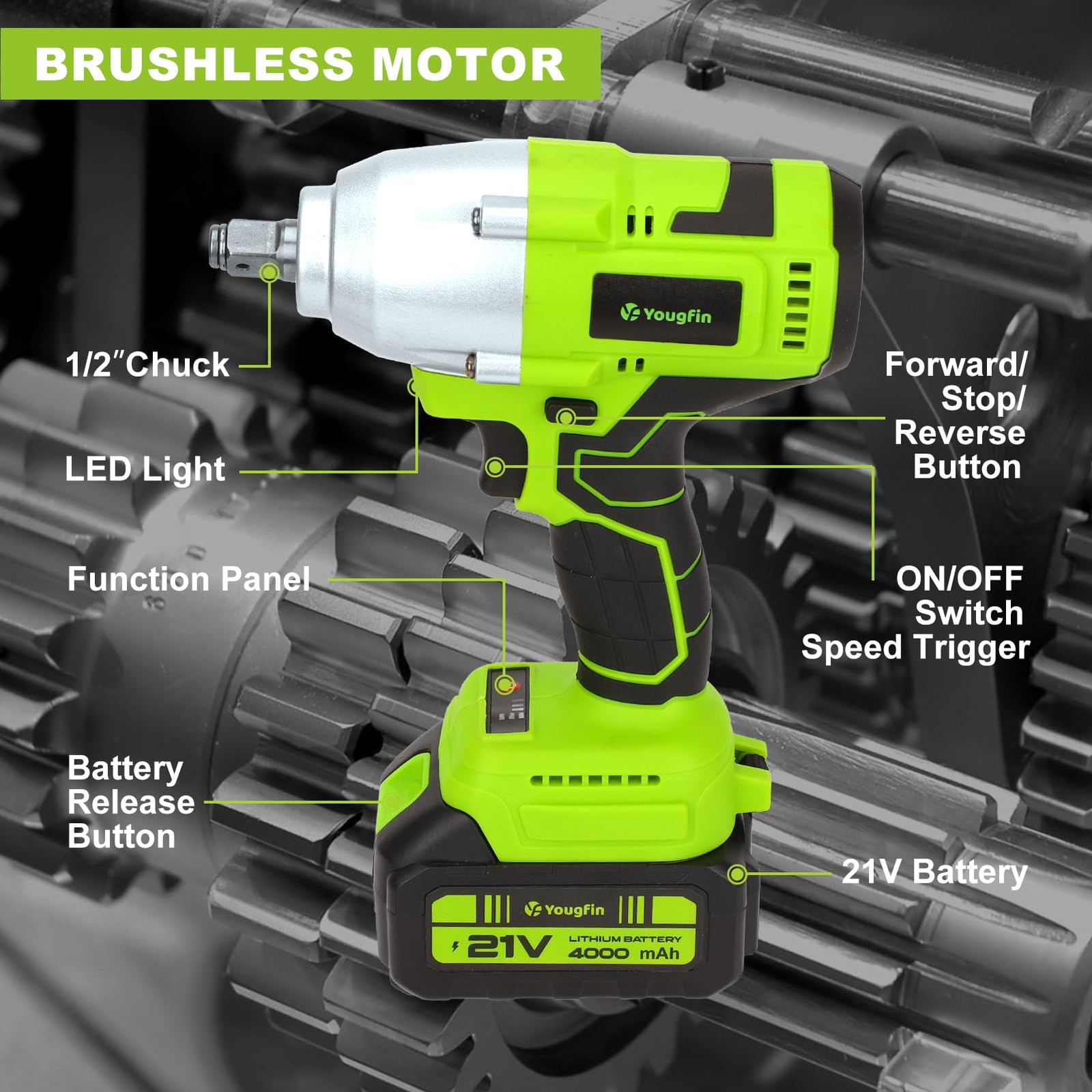 Cordless Impact Wrench 550N.m (406 Ft-lbs), 1/2&Prime; Power Brushless Impact Gun w…