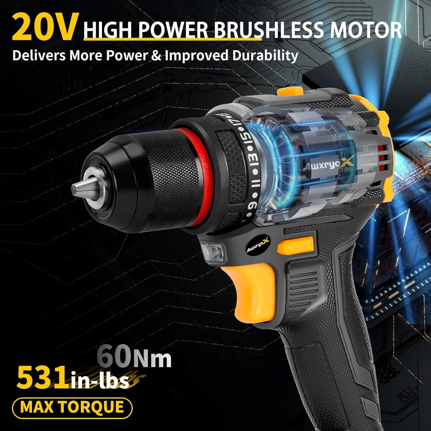 Compact Brushless Drill Set 60N.m Torque 135Pcs DIY Tool Kit with Accessories