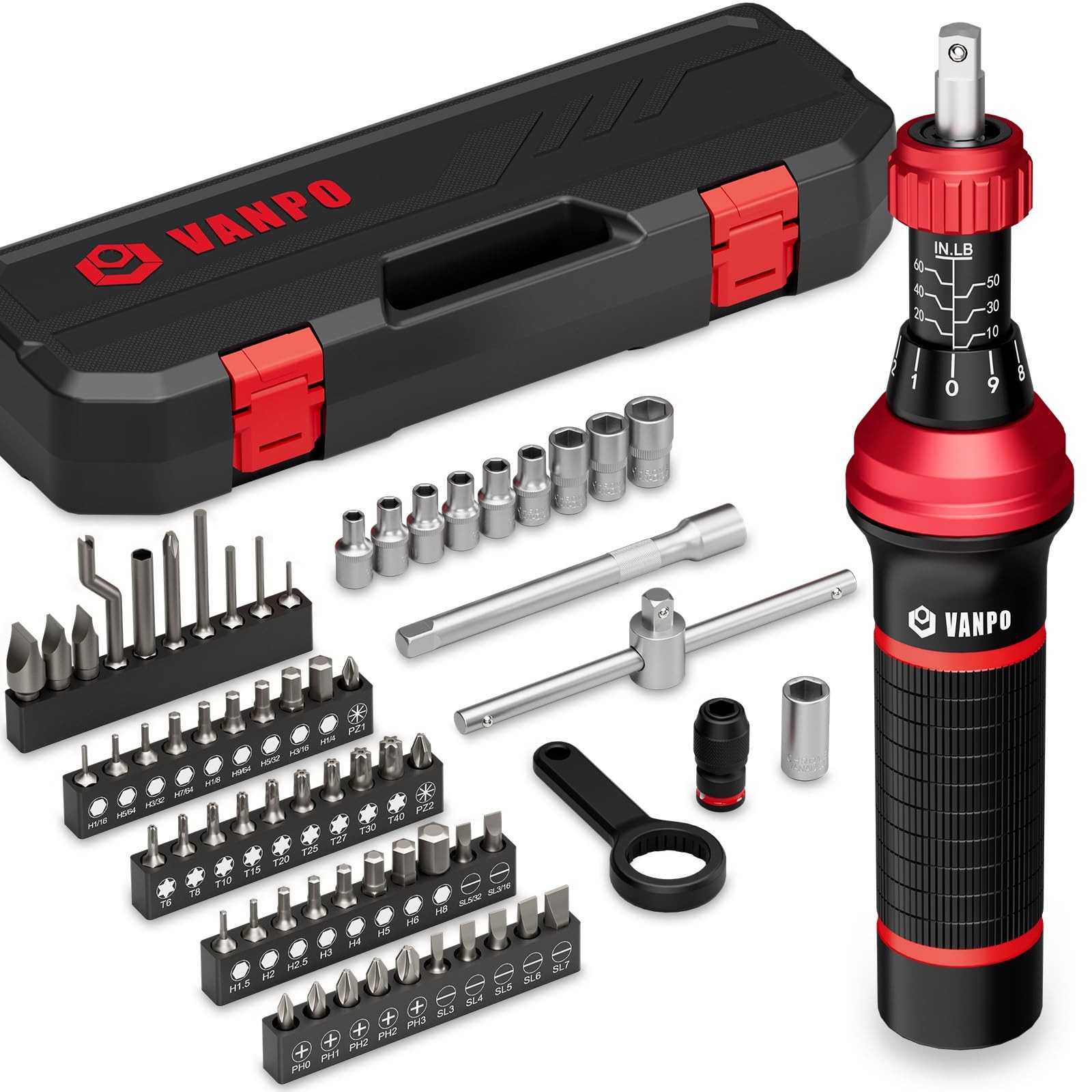 VANPO Torque Screwdriver Set, 10–60 in-lb, 64 Pcs 10-60 in.lb 64 Pcs, Black