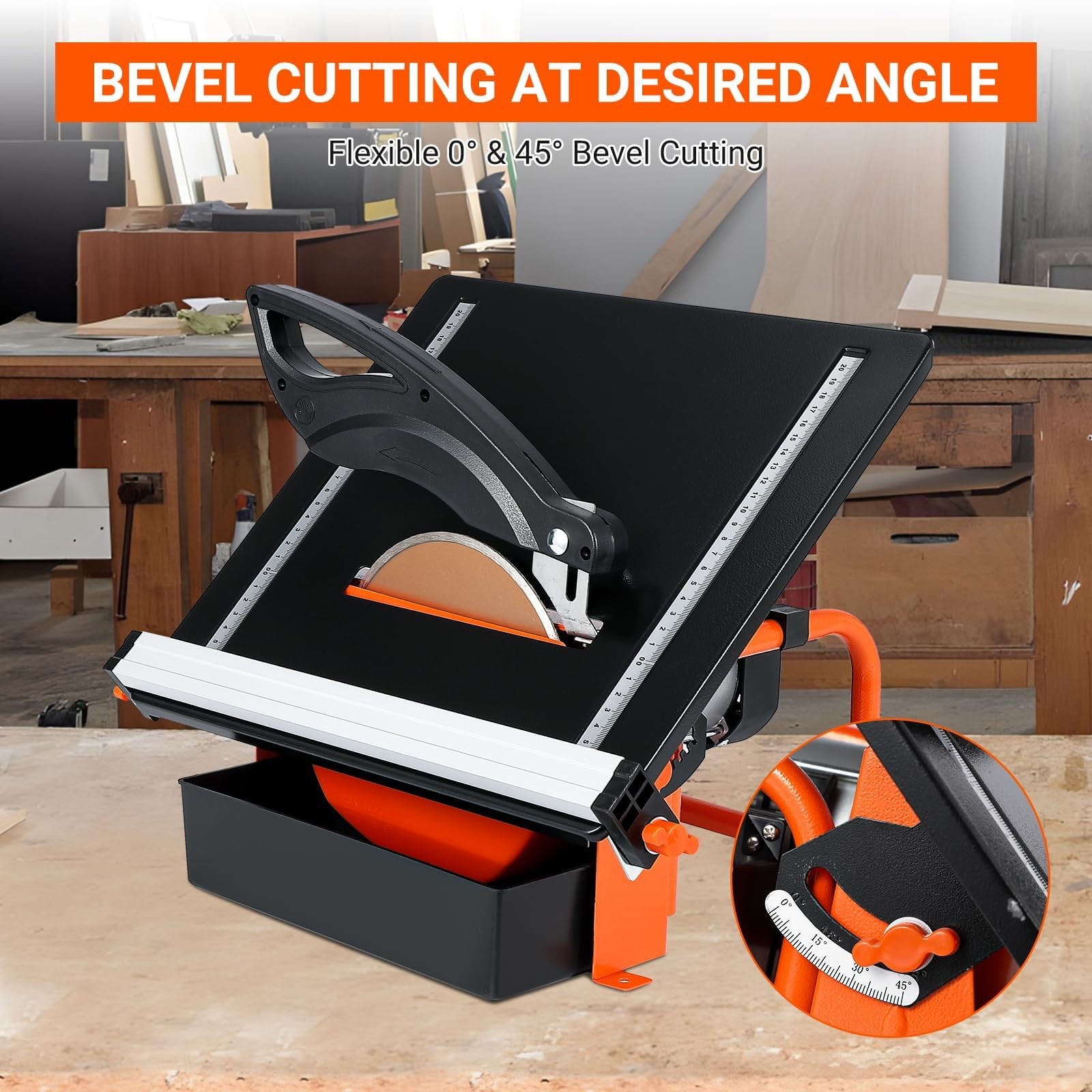 7 in Wet Tile Saw, 3450 RPM, Bevel cuts tile from 0 to 45 Degrees, Tile Cutter