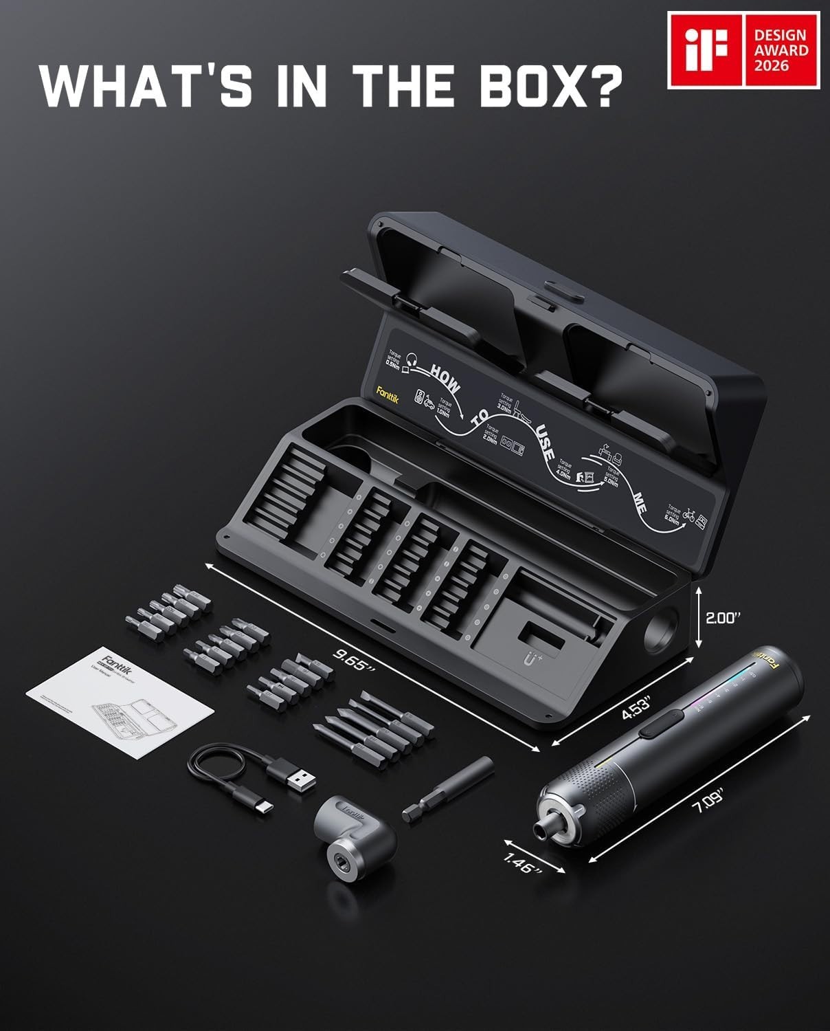 Cordless Electric Screwdriver in Space Grey – 20 Bits & Angle Adapter Included