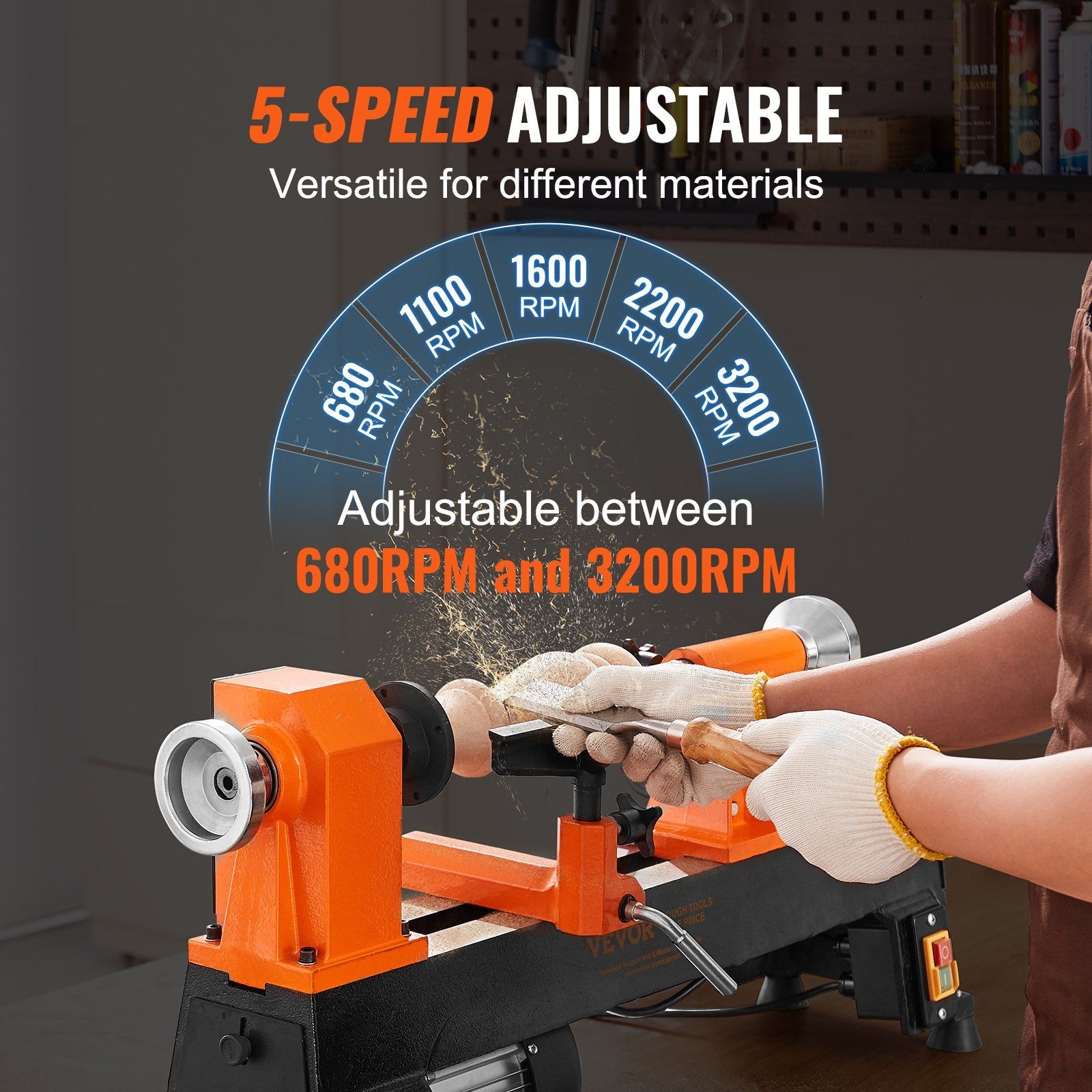 Steel & Aluminum Wood Lathe, 18in, 370W, 5-Speed Control