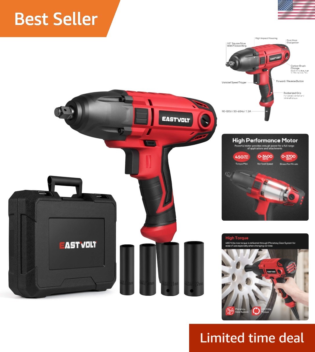 800W Electric Impact Wrench, 450 ft-lbs Torque, 7.5A with Carry Case & 4 Sockets
