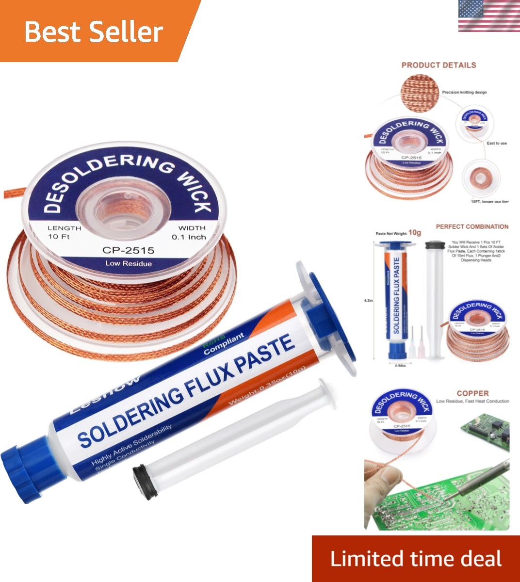 No-Clean 10cc Solder Flux Paste & 10ft Wick Braid for Precise Electronics Repair
