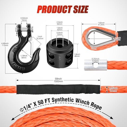 Synthetic Winch Rope 1/4&Prime; x 50ft for Recovery Towing Winches,Orange | Winch