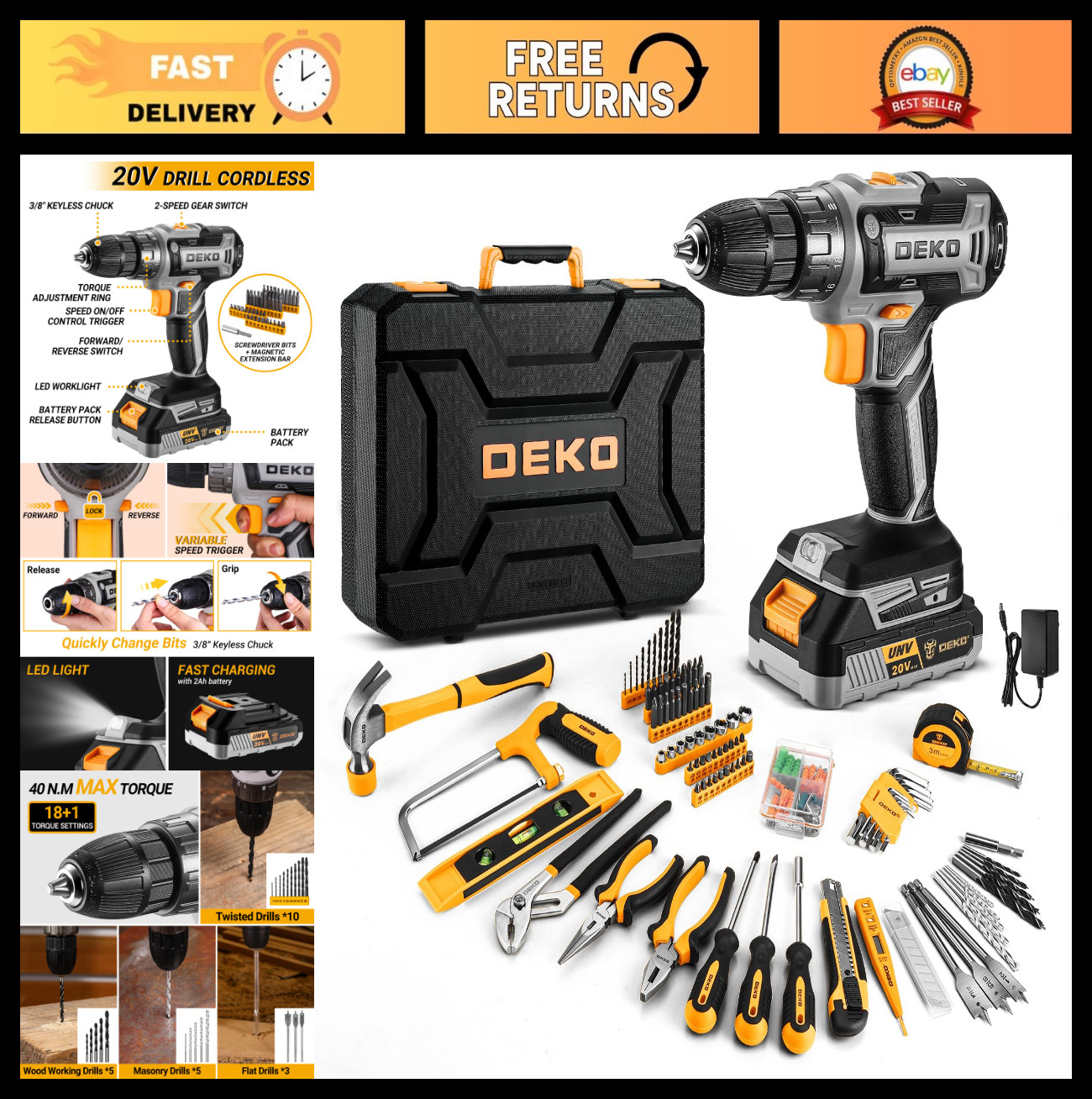 20V Cordless Drill Tool Kit Set with Battery – Electric Drill Driver & Toolbox f