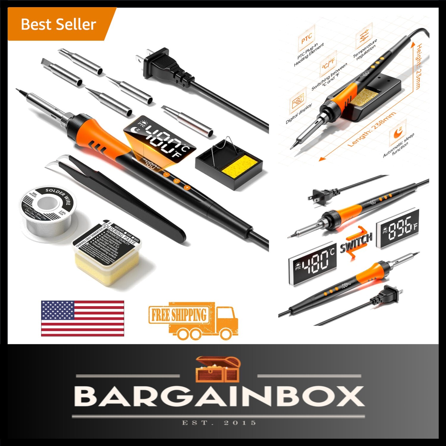 All-in-One 90W Soldering Iron with LCD Display and Temperature Range 180-480°C