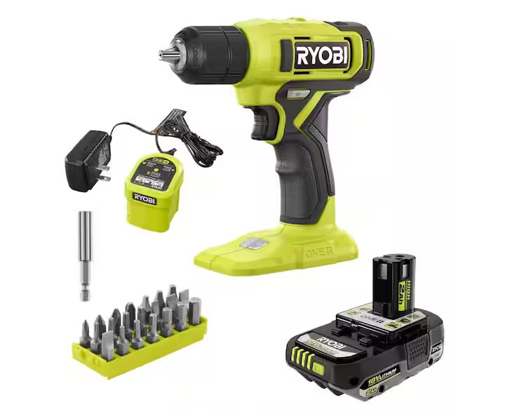 RYOBI ONE+ 18V Cordless 3/8 in Drill/Driver Kit with 2Ah Battery, Charger, Bits