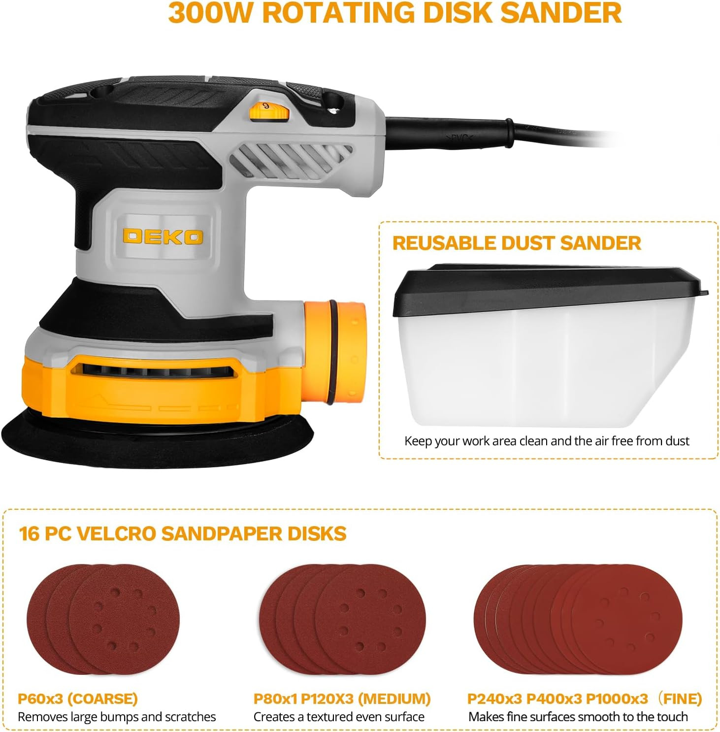 Orbital Sander Corded Hand Sander: 5&Prime; Random Orbital Sander with Dust Box, 6 Va