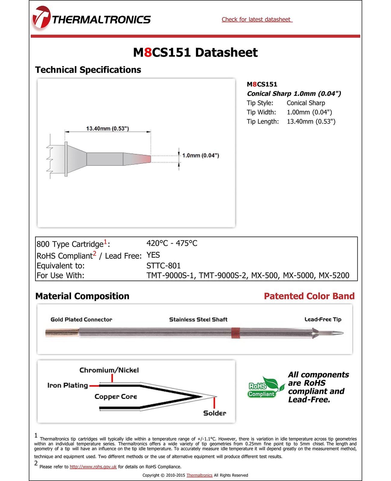 M8CS151 Conical Sharp 1.0mm 0.04in Soldering Tip Fits Metcal STTC801 Tool