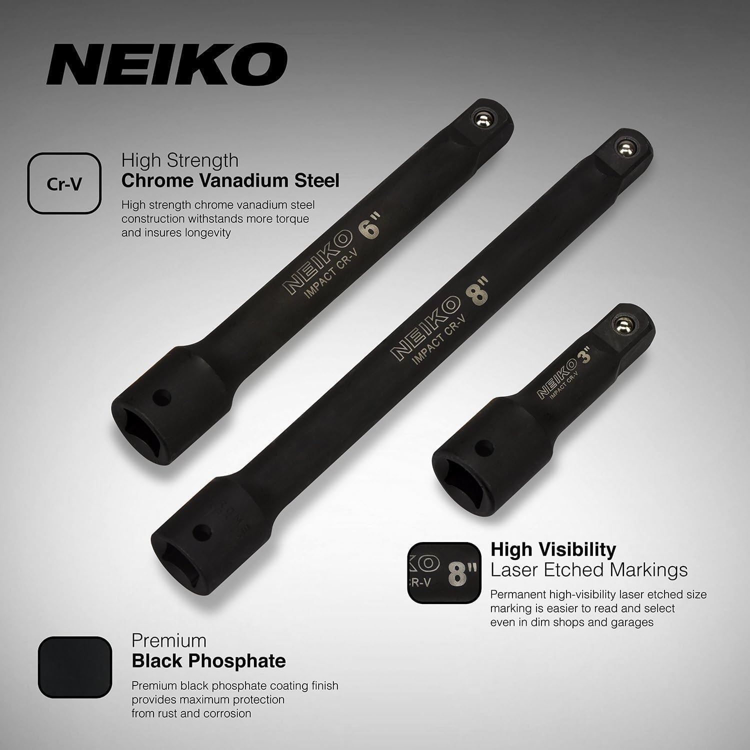 NEIKO 00237A 1/2-Inch-Drive Impact Extension-Bar Set, 3 Piece, (3&Prime;, 6&Prime;, 8&Prime;)