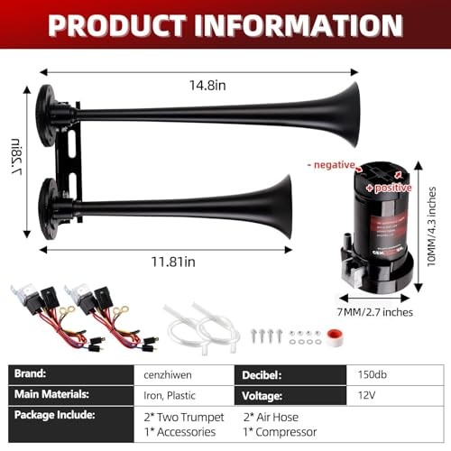 Dual 2-Trumpet Metal Air Horn for truck Kit with 2 air Compressors,12V Black
