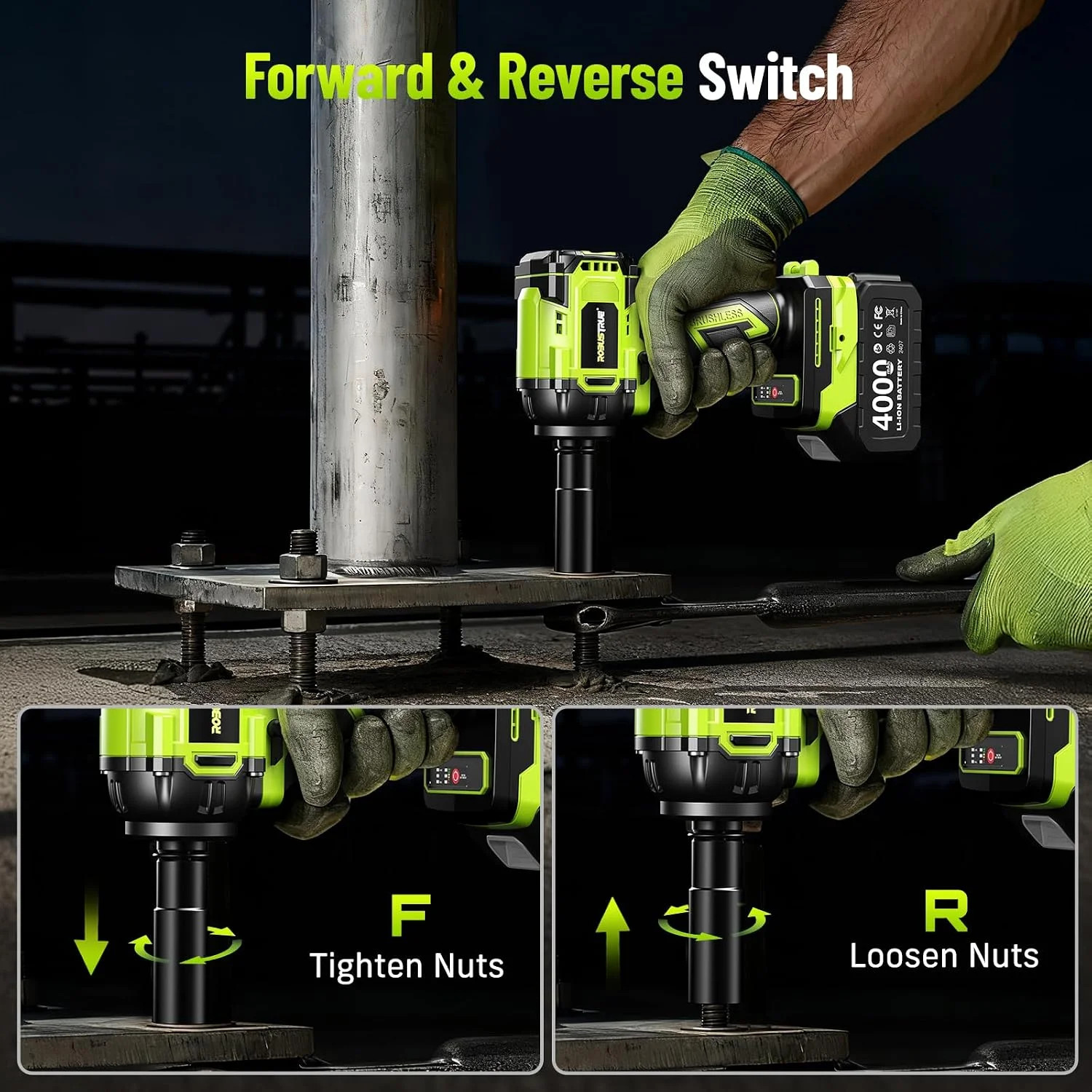 Robustrue Cordless Impact Wrench, 590Ft-lbs (800N.m) Brushless 1/2 inch, 2800RPM