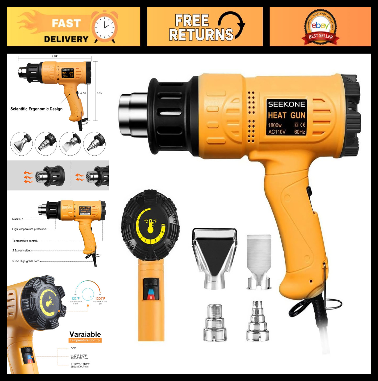 1800W Heat Gun with Variable Temp Control, Overheat Protection & 4 Nozzles – Fas