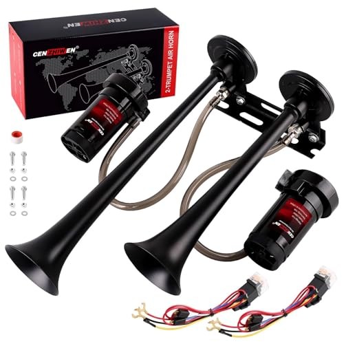 Dual 2-Trumpet Metal Air Horn for truck Kit with 2 air Compressors,12V Black