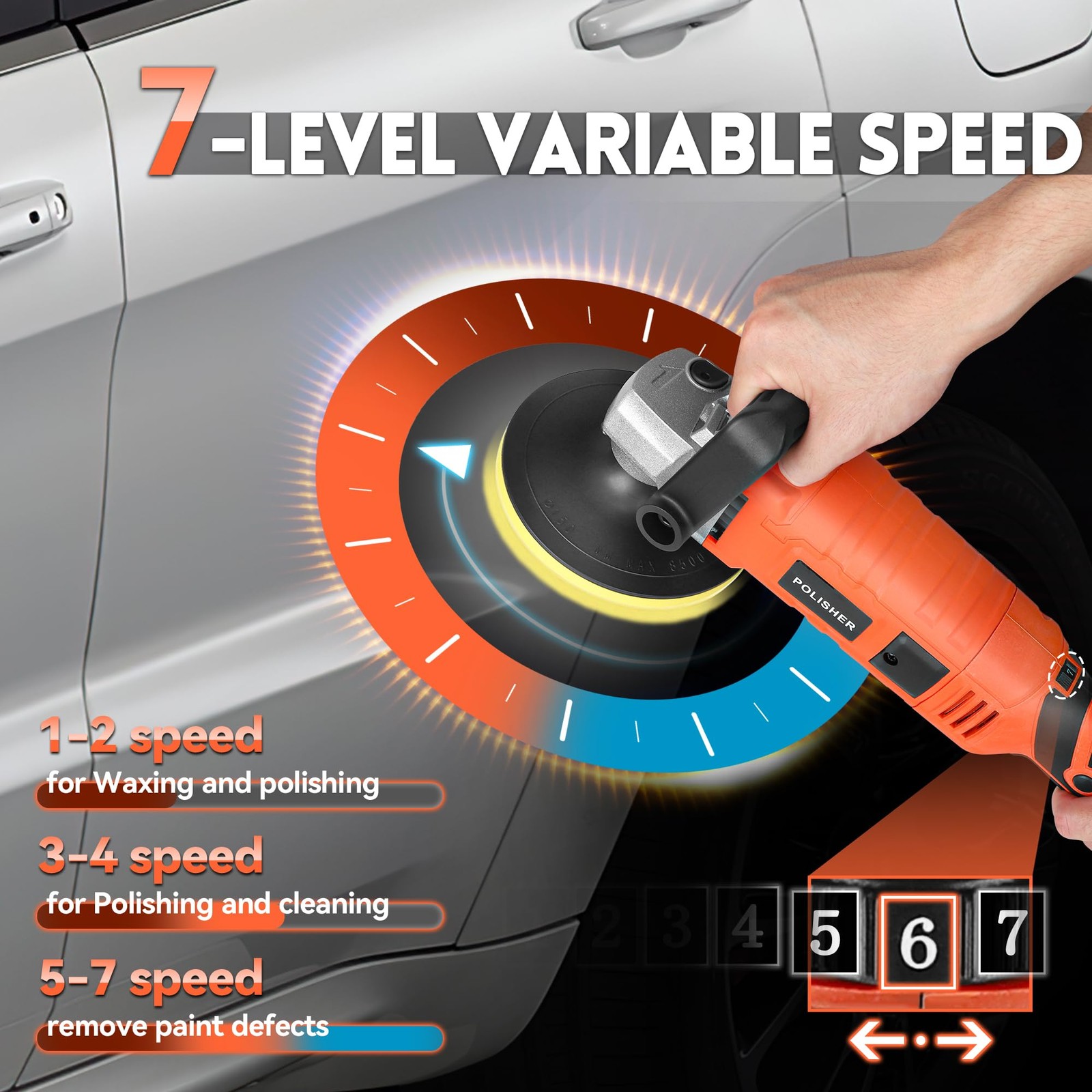 7&Prime; Rotary Buffer Polisher, 1580W, 7 Speeds, Car Waxing & Sanding Tool