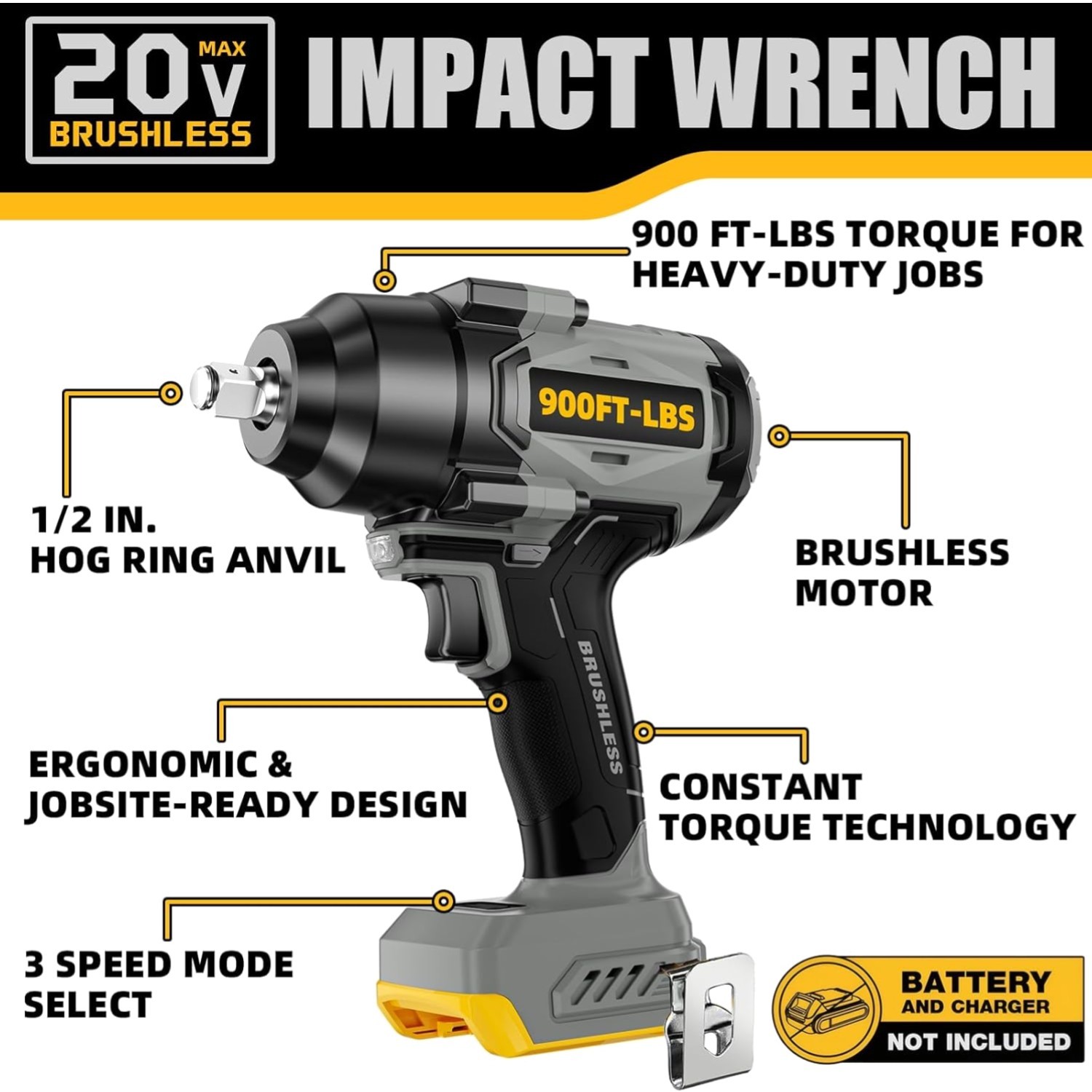 900Ft-lbs1200N.m Cordless Impact Wrench 1/2” Brushless, Compatible with DeWAL…