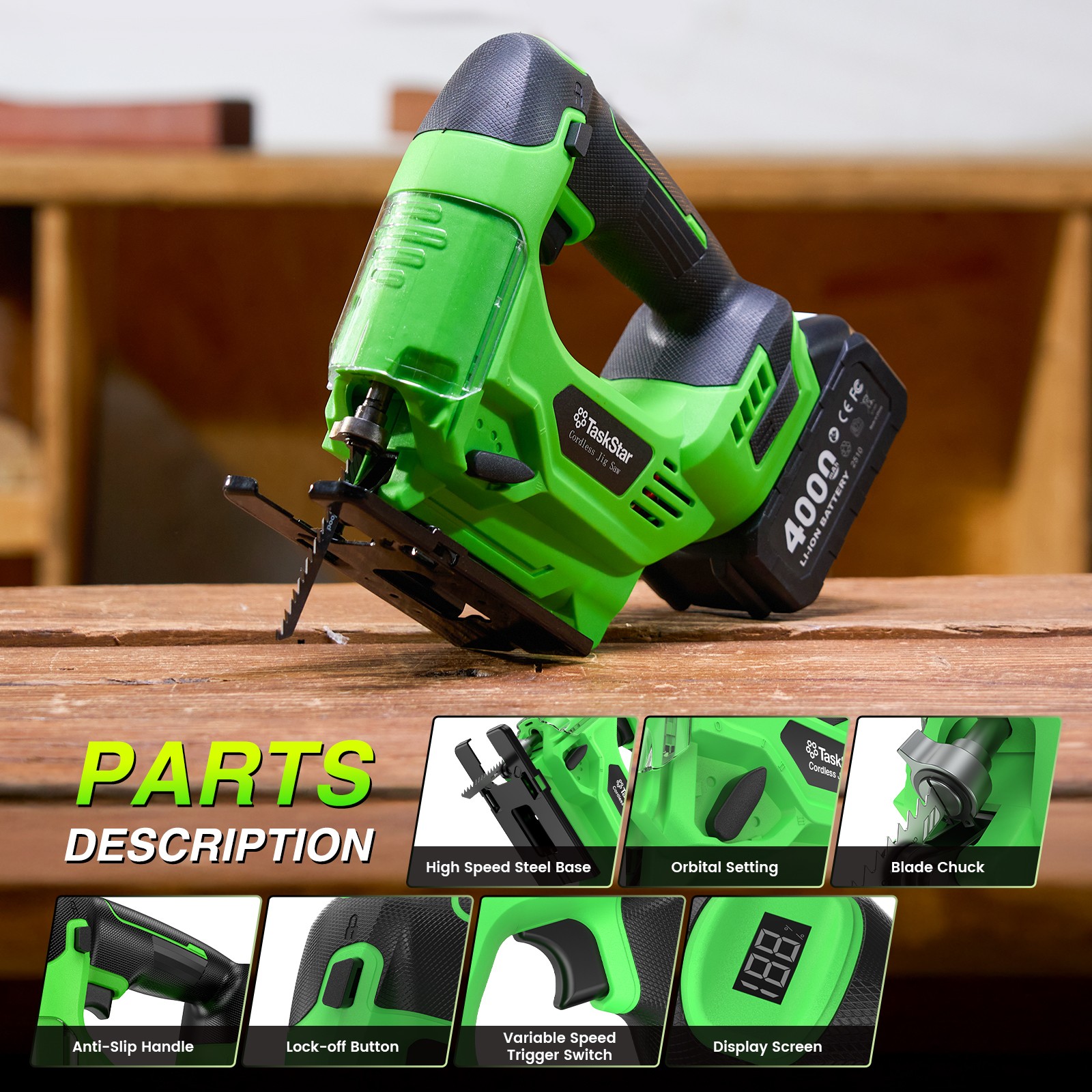 0°–45° Bevel Cutting Electric Jig Saw for Angled Cuts,4 Settings,2*2.0Ah Battery