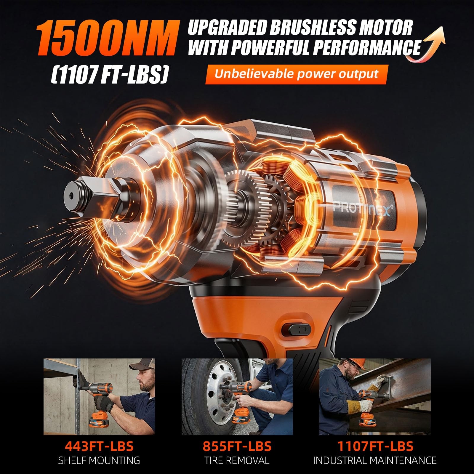 Protmex 1107Ft-lbs(1500N.m) Cordless Impact Wrench, 1/2&Prime; Brushless Impact Dri…