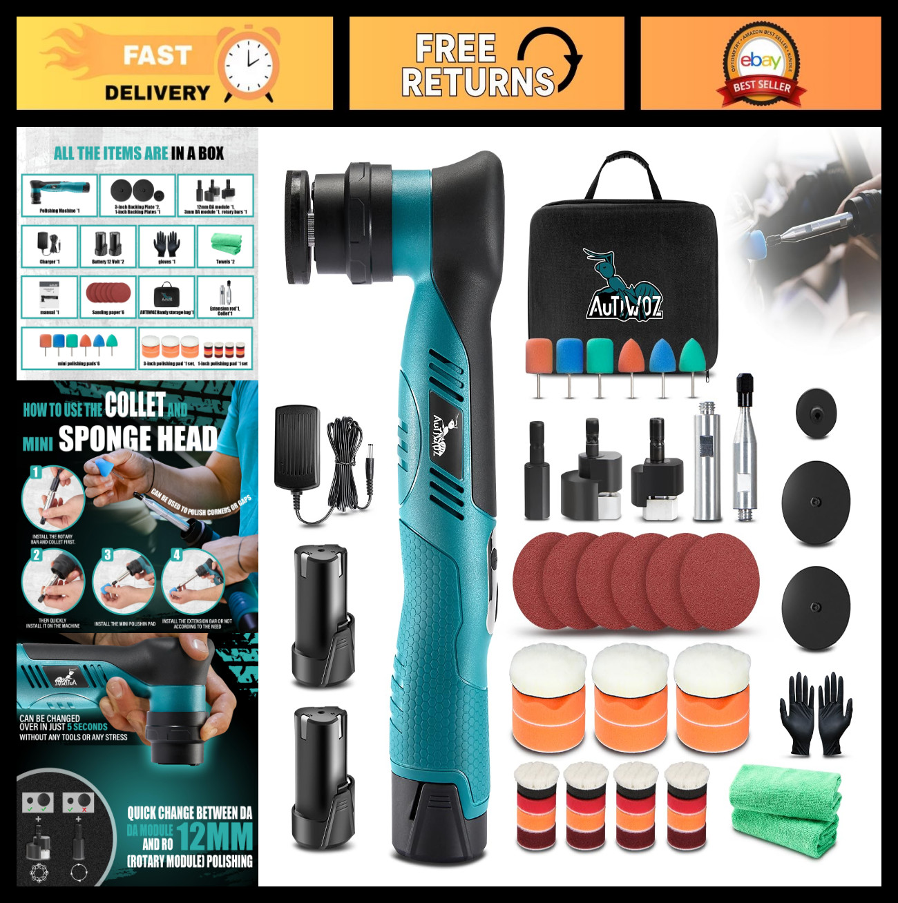 Portable Cordless Mini Polisher – 6 Speed, 12mm & 3mm Orbital, Car Detailing Kit
